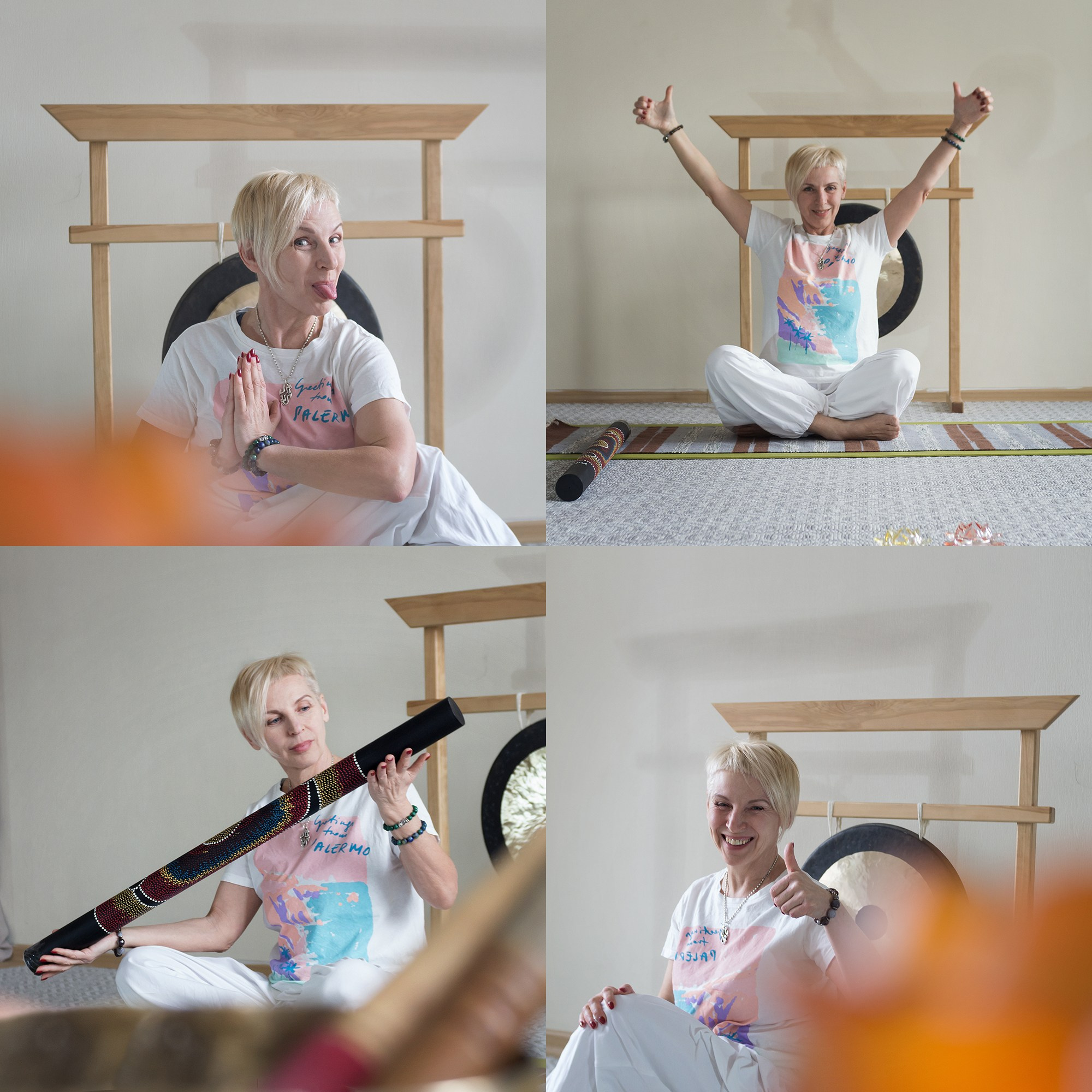 Инструктор по йоге в студии, на фоне гонга. Спортивная женщина с короткой стрижкой.