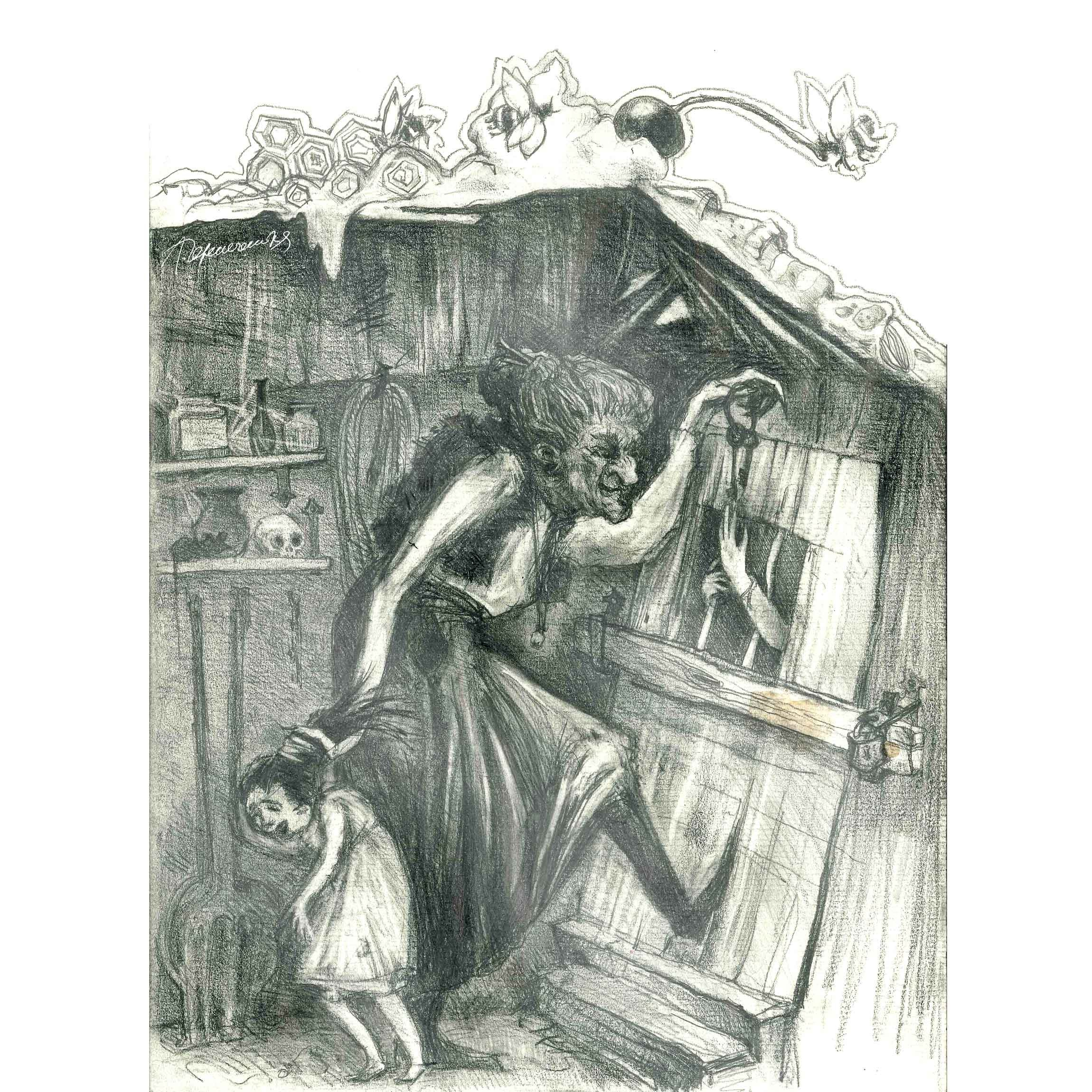 ГАНЗЕЛЬ И ГРЕТЕЛЬ. ВЕДЬМА. карандаш иллюстрации к сказке графика художник Перепеченова Анна