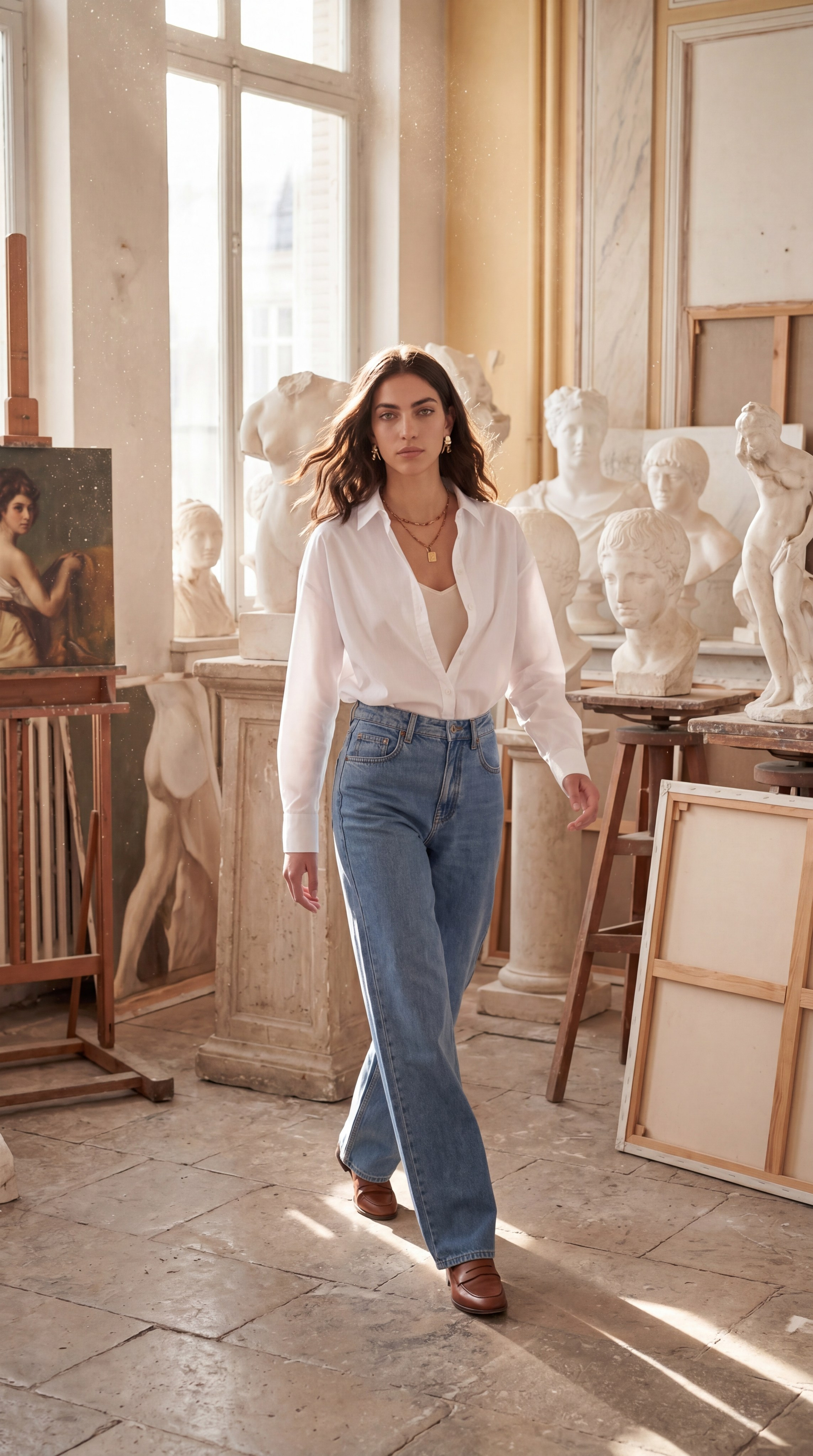 Имиджевая ИИ-фотосессия: AI-модель в белой рубашке и джинсах, для атмосферных рекламных кампаний и лукбуков с экономией до 70%