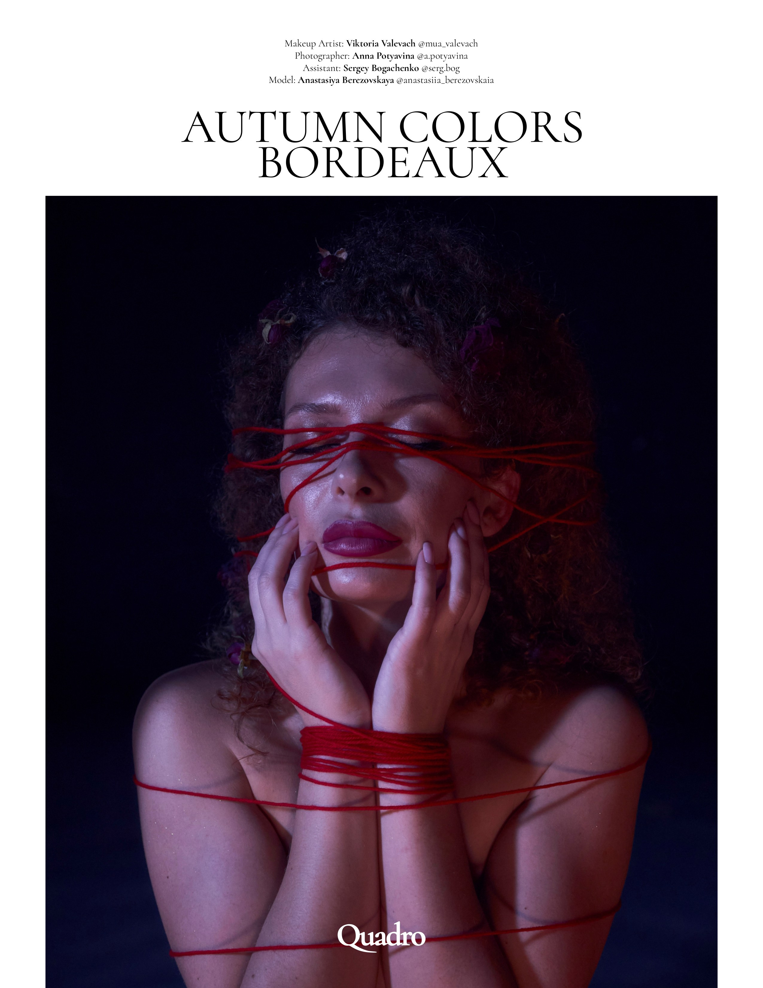 Портрет красивой рыжеволосой девушки крупным планом в цветном свете, девушка перевязана красными нитями, топлес