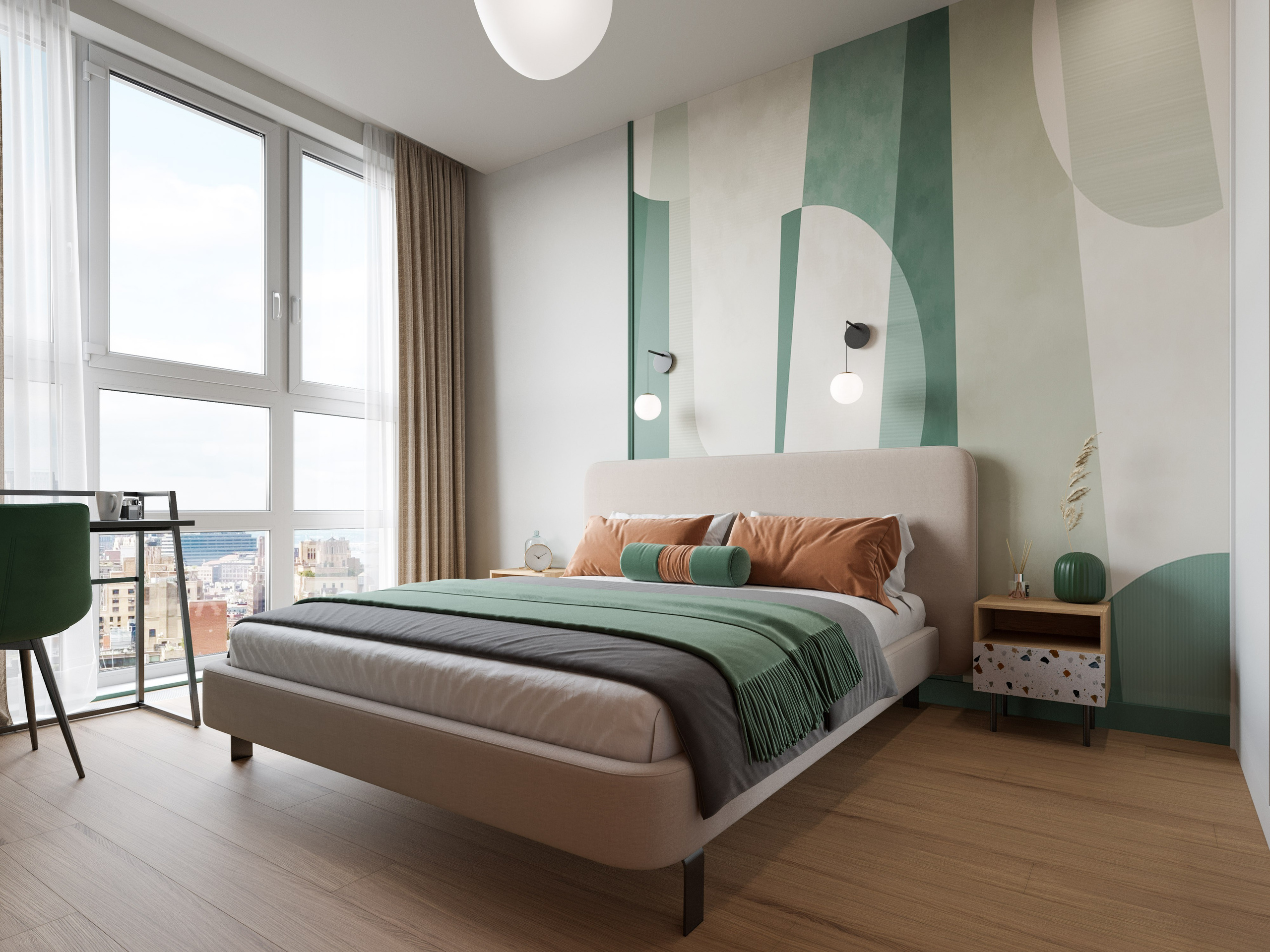 Спальня с бежевой кроватью и яркими обоями у большого окна - 3D визуализация