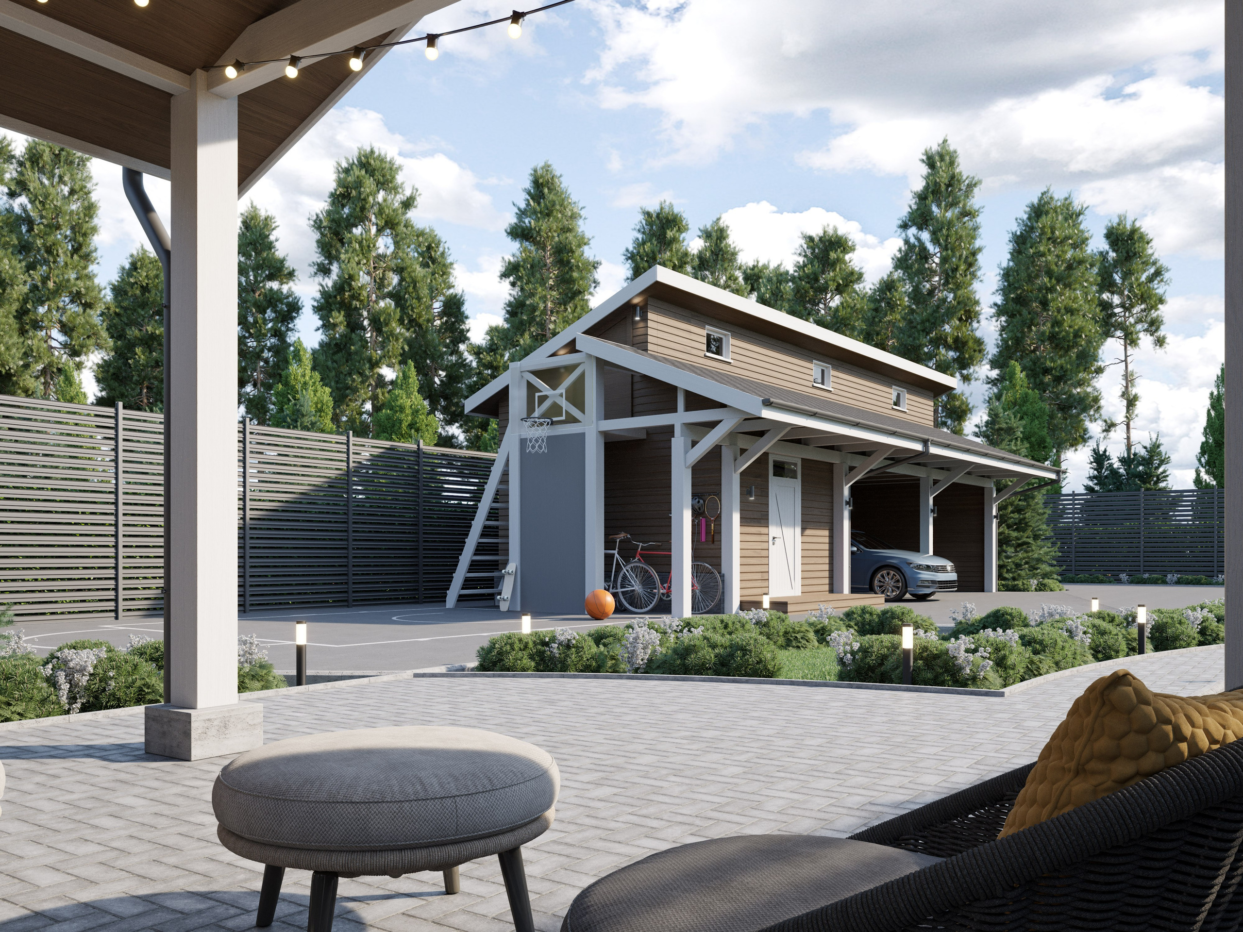 Гараж с мансардным этажом и баскетбольным кольцом для детей