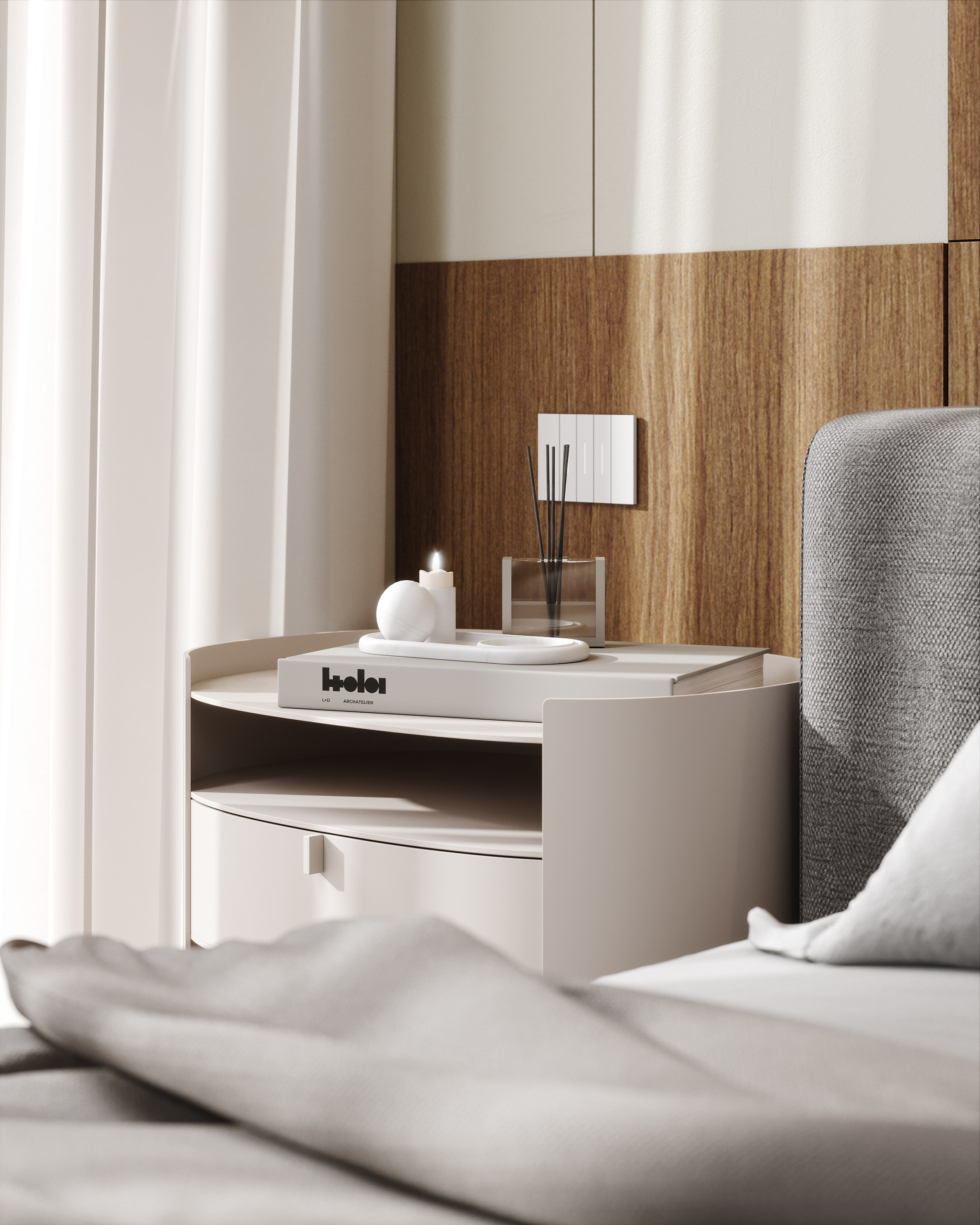 3D рендер прикроватной тумбочки с минималистичным декором и частью кровати, на фоне деревянной стеновой панели и белых штор, акцентирующий внимание на деталях.