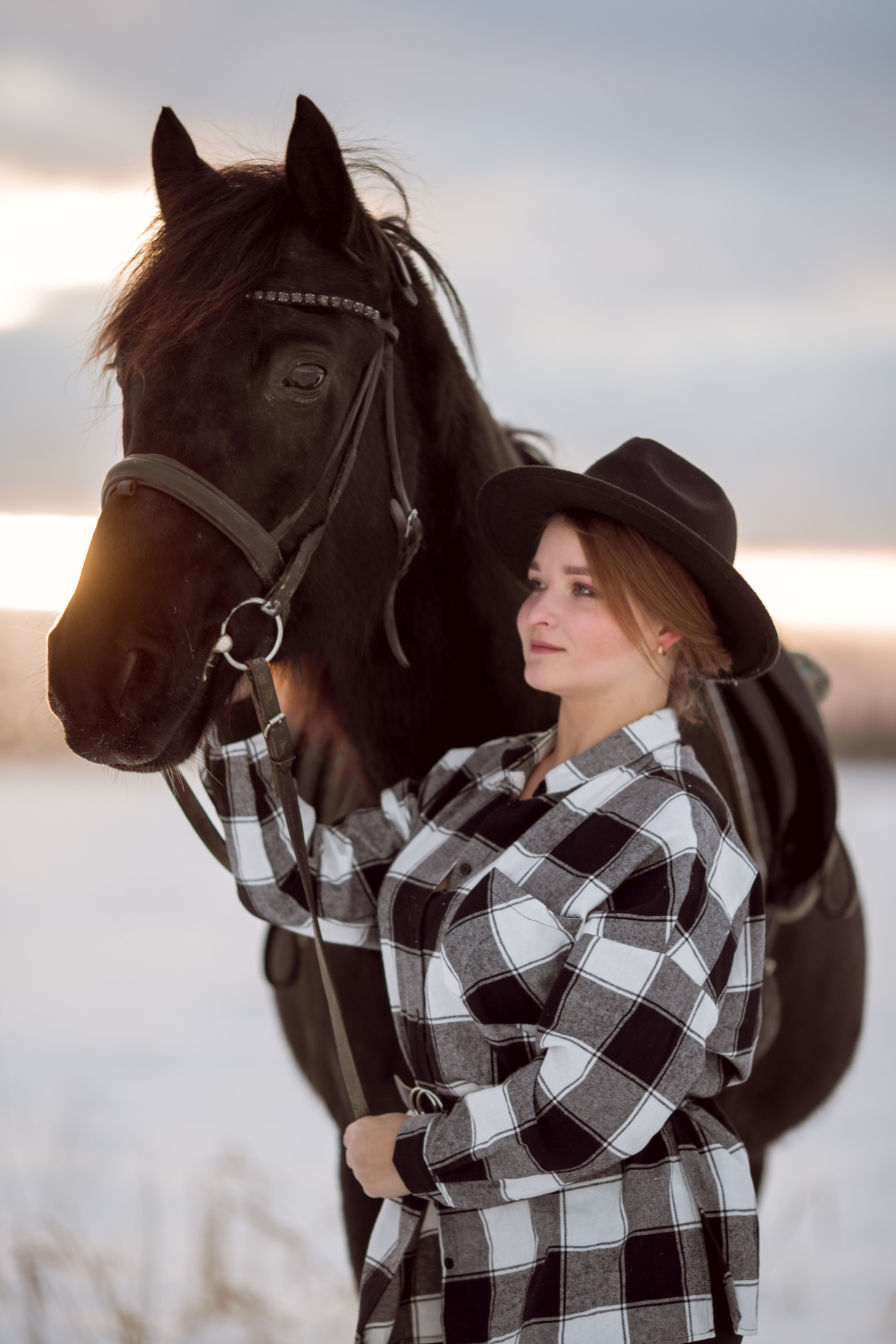 Фотосессия с вороной лошадью зимой