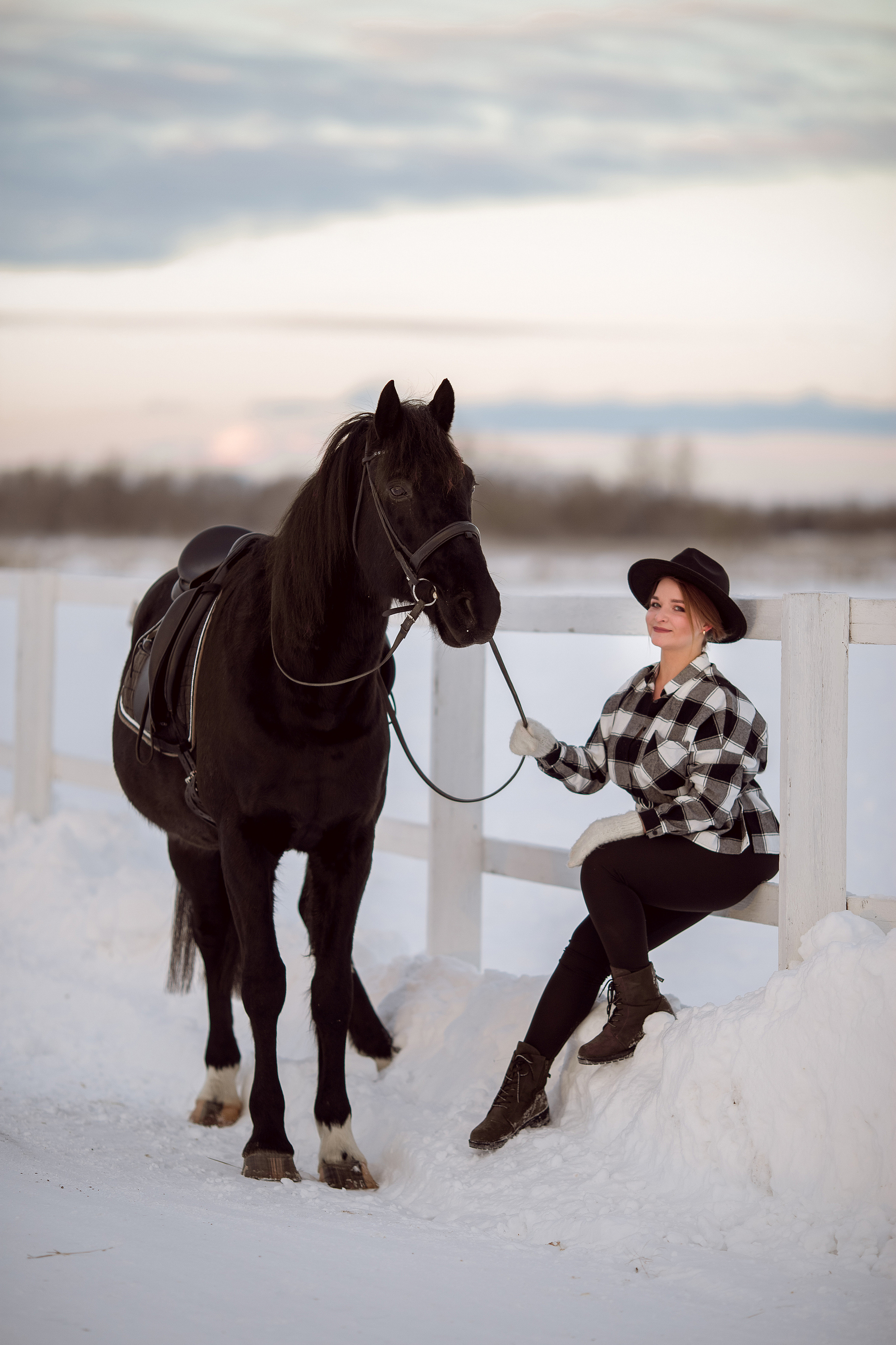 Фотосессия с вороной лошадью зимой