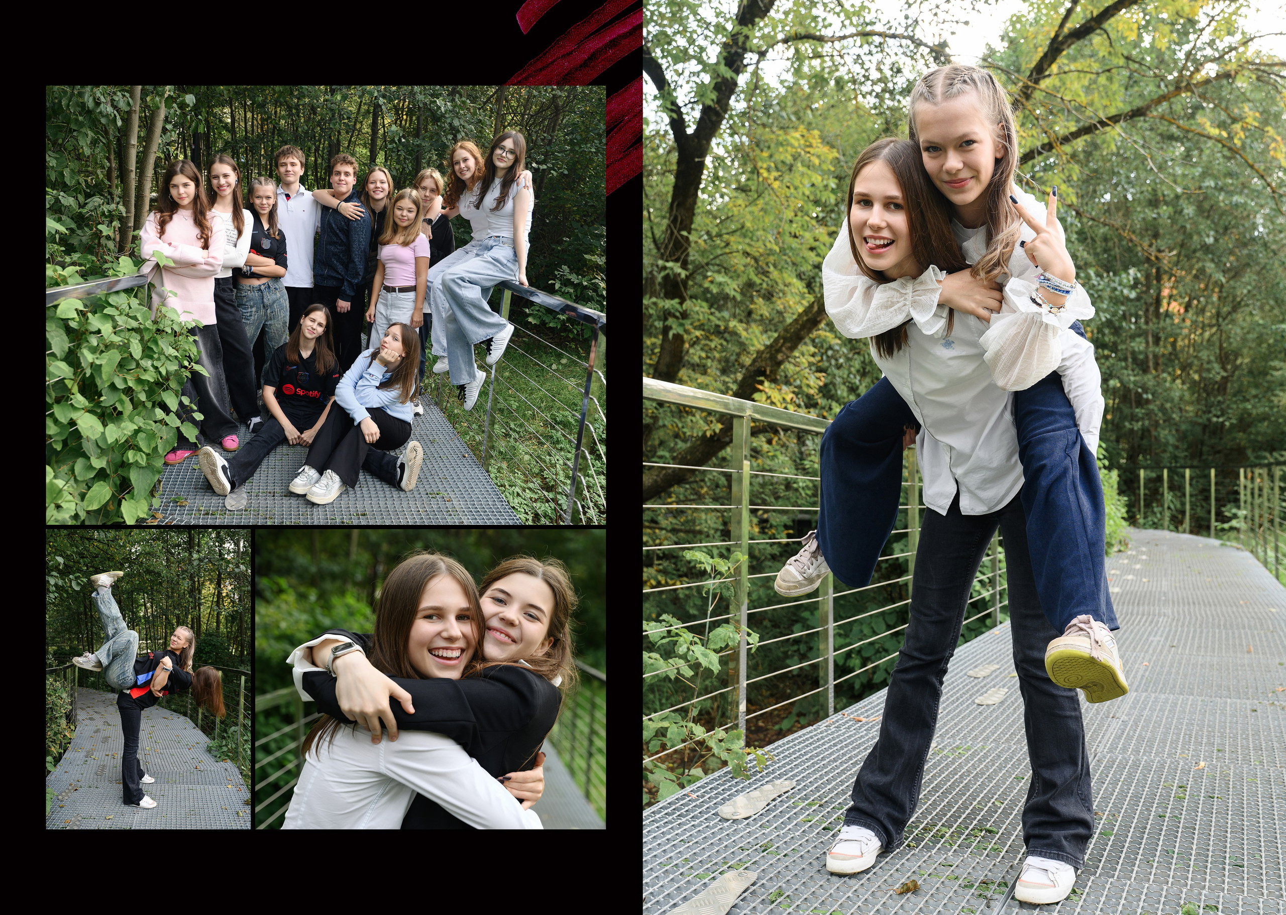 Коллажный разворот с фото подруг в парке: совместные и индивидуальные кадры в едином стиле.