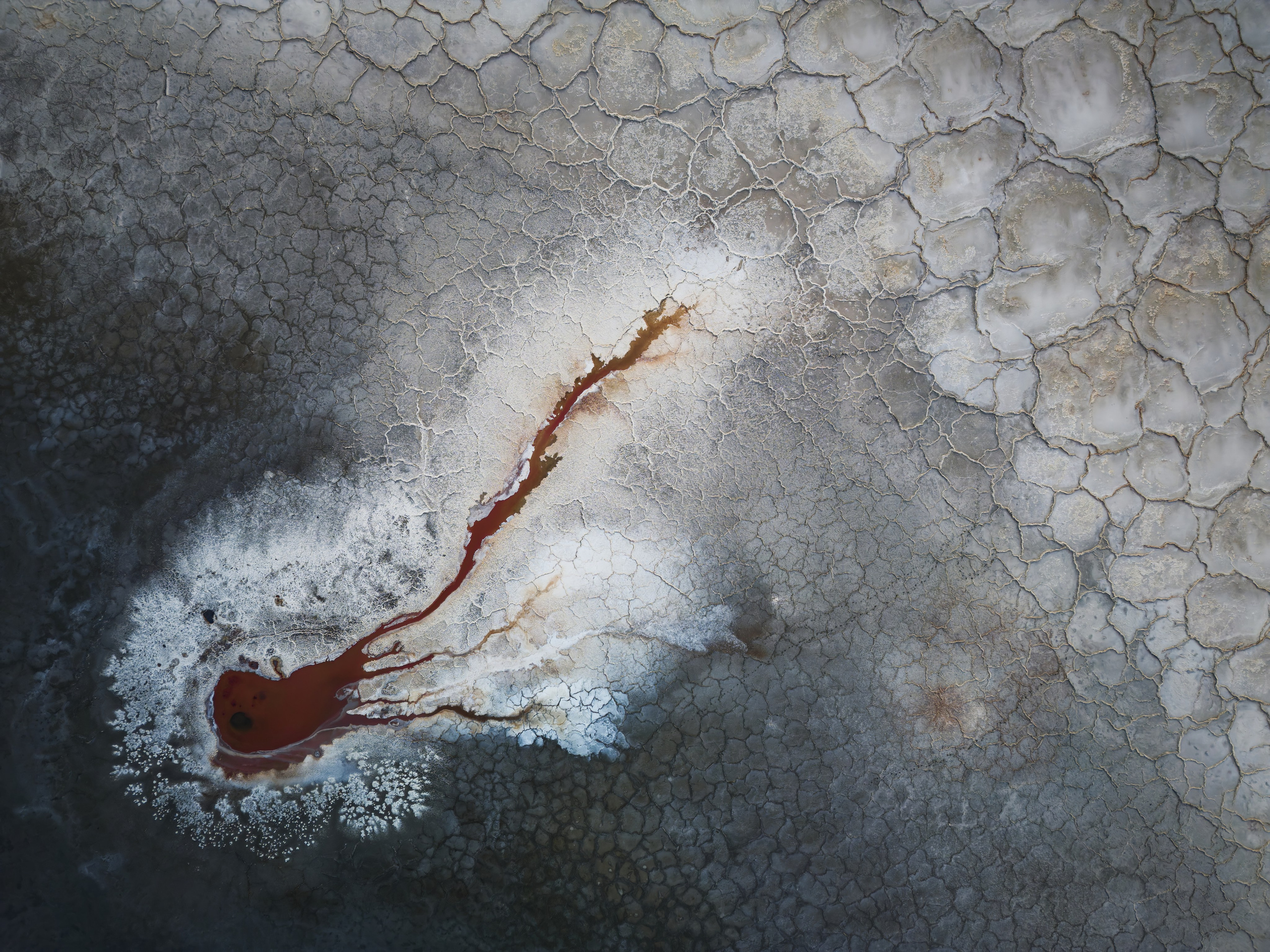 Источник, похожий на сердце, на потрескавшемся солончаке Карынжарык вид сверху