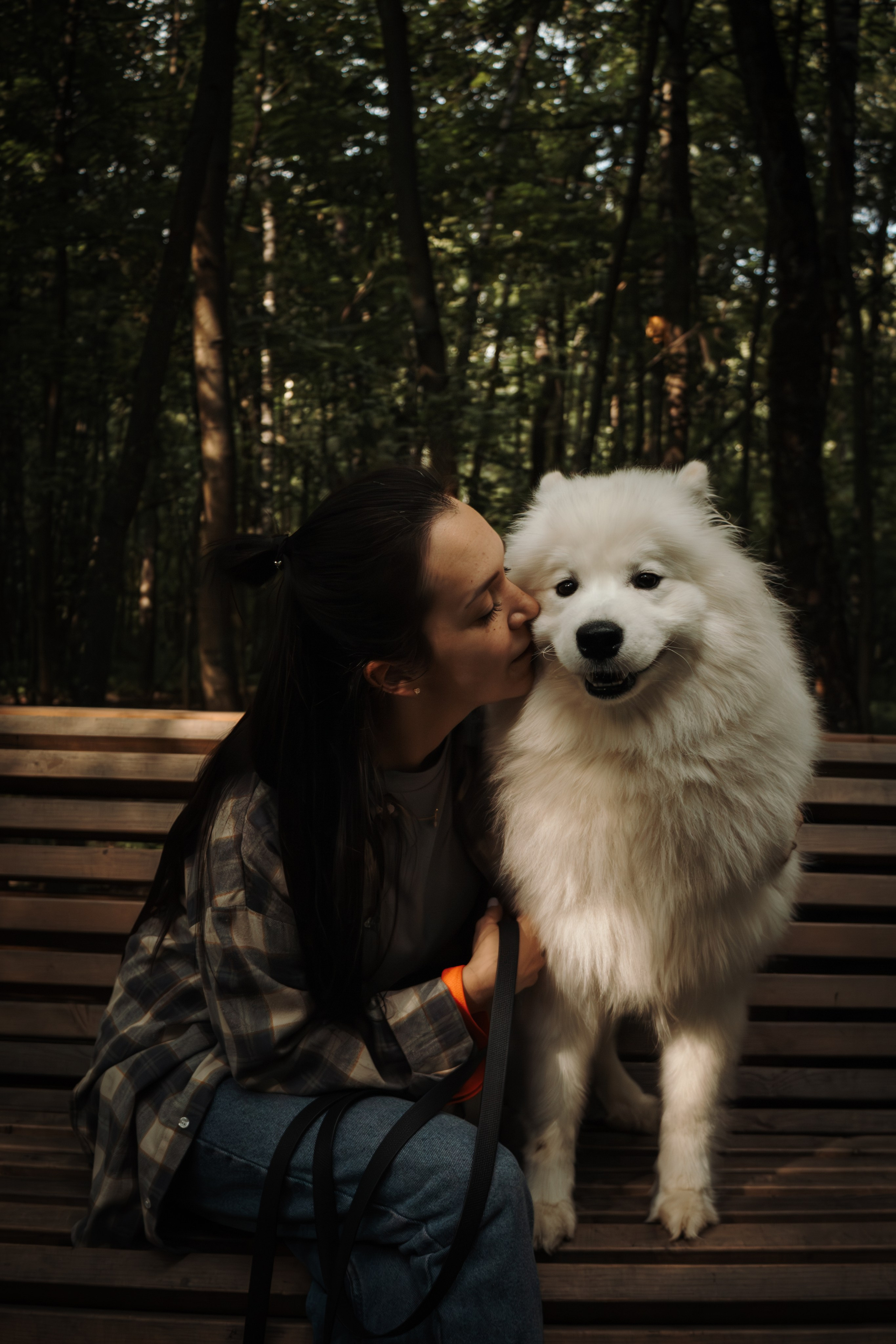 Фотосессия девушки с 2 собаками самоедами в лесопарке. Фотограф-анималист в Москве Екатерина Тихонова