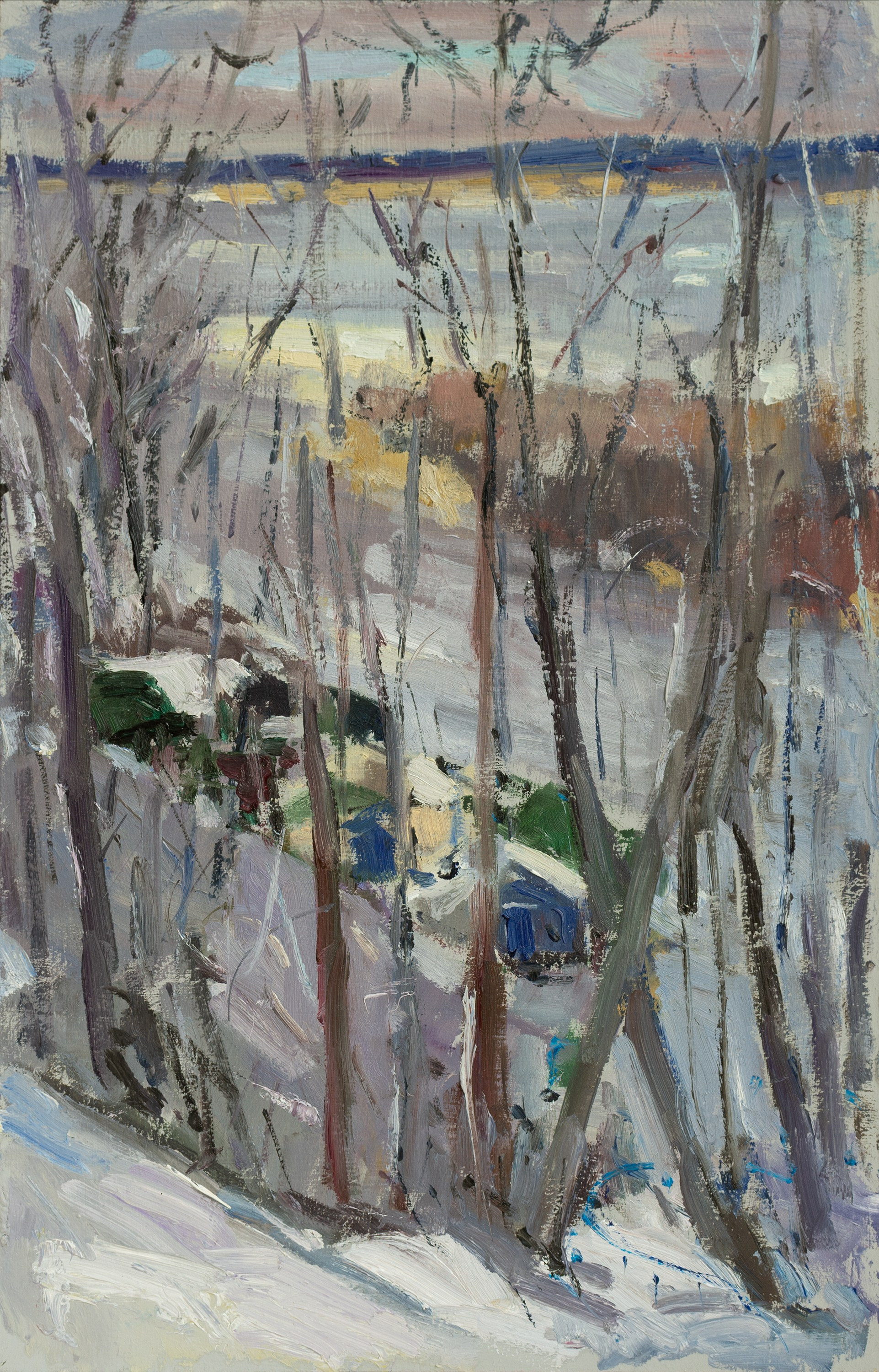 "Этюд.Зима.Рыбачий поселок", оргалит, масло 32.5х21 см, 2024