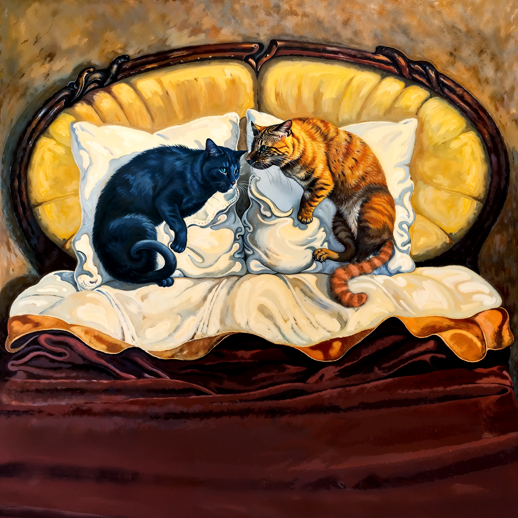 Две кошки на подушках формируют силуэт целующихся лиц — оптическая иллюзия в стиле Артура Восканяна, адаптация от Olegorizm.