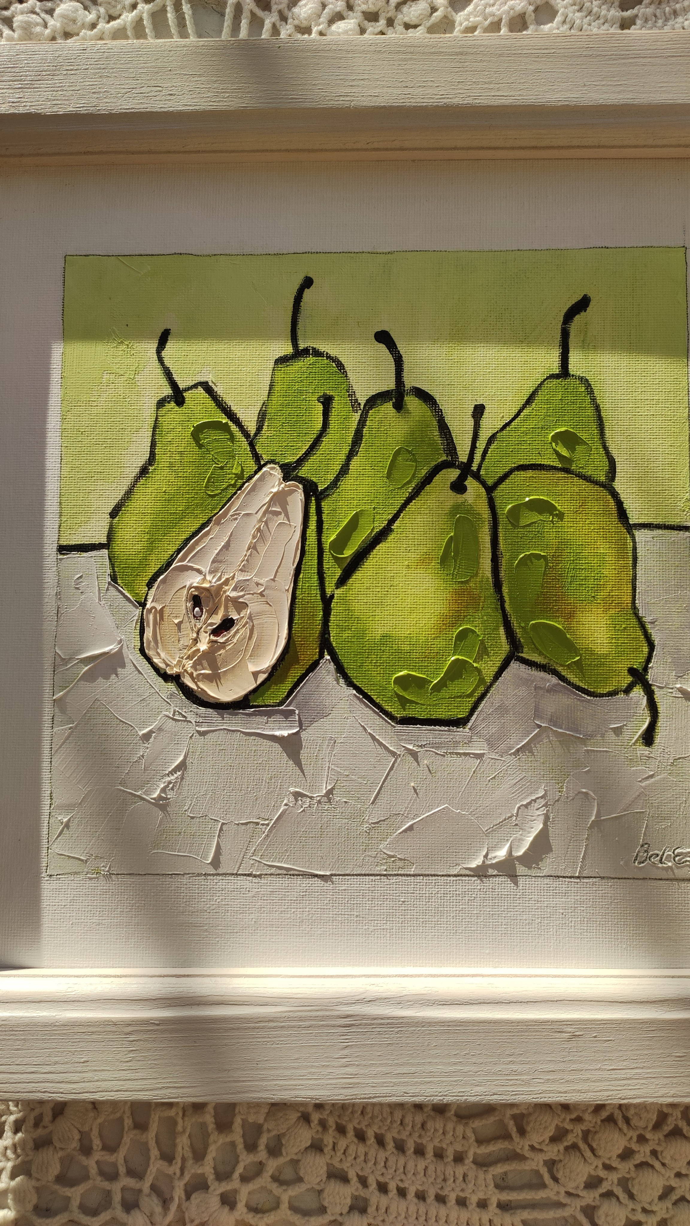 «Зеленые груши», масло, холст на картоне, 25×25 см. Галерея картин художницы Бельмесовой Евгении