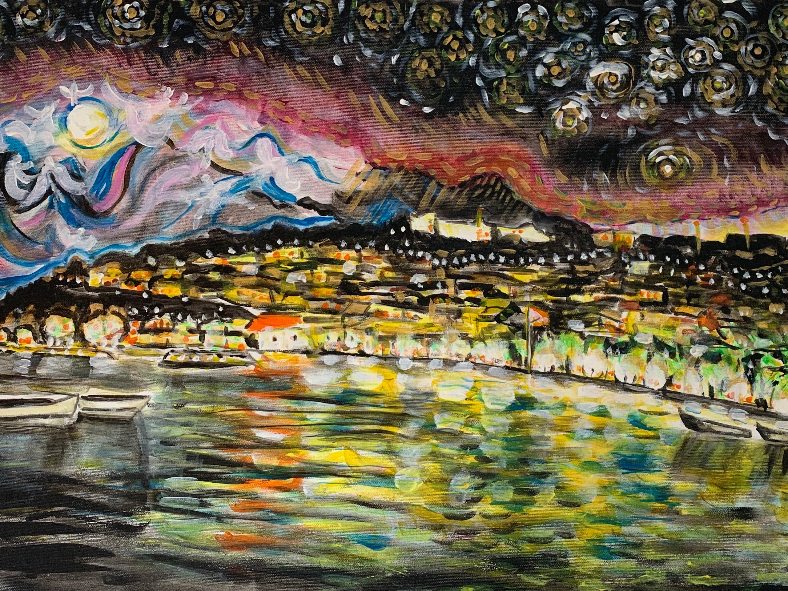 Ночное озеро/Night lake 50/70 cm acrylic on canvas 2020