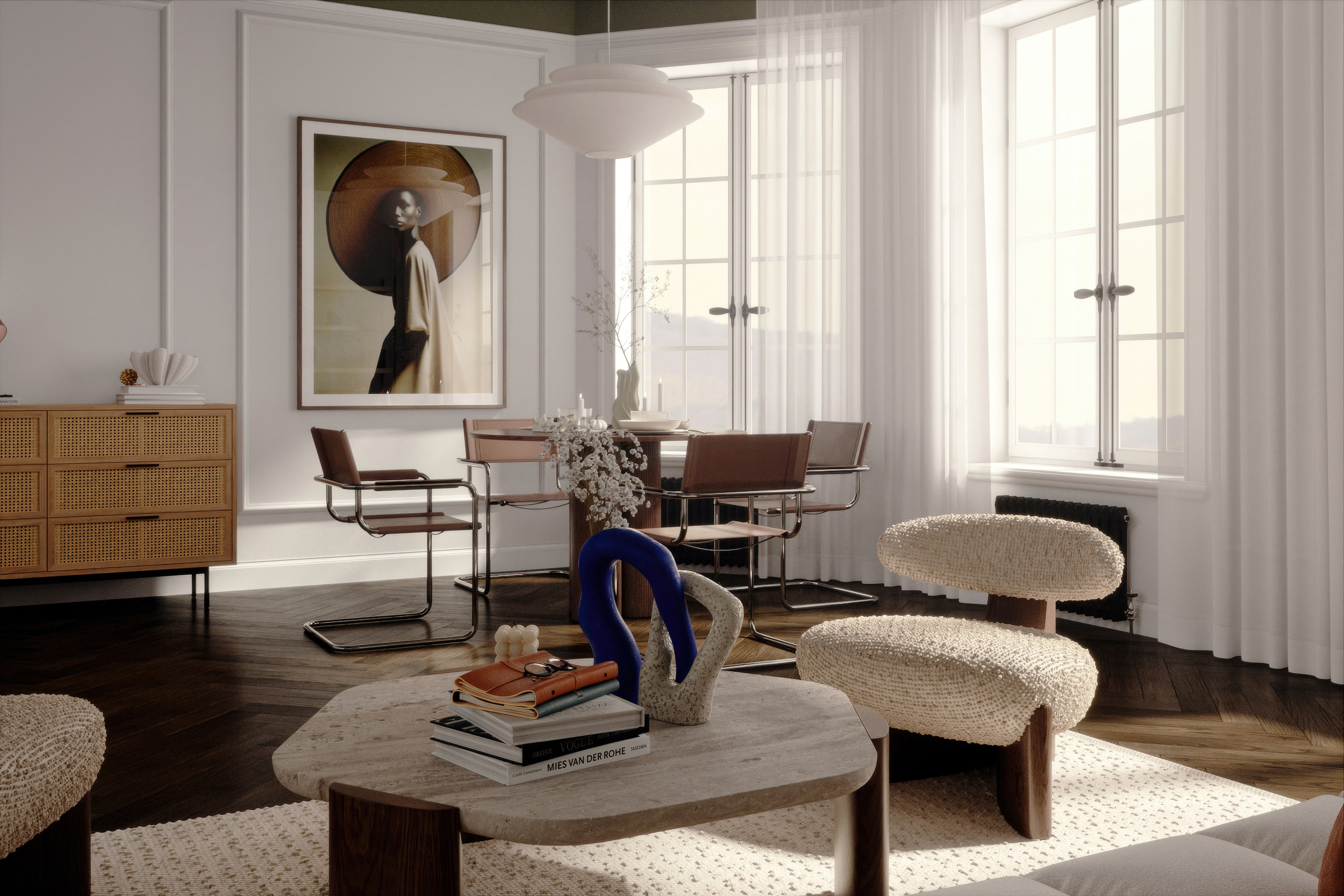 Интерьер гостиной в неоклассическом стиле. 3D визуализация интерьера и архитектурной среды