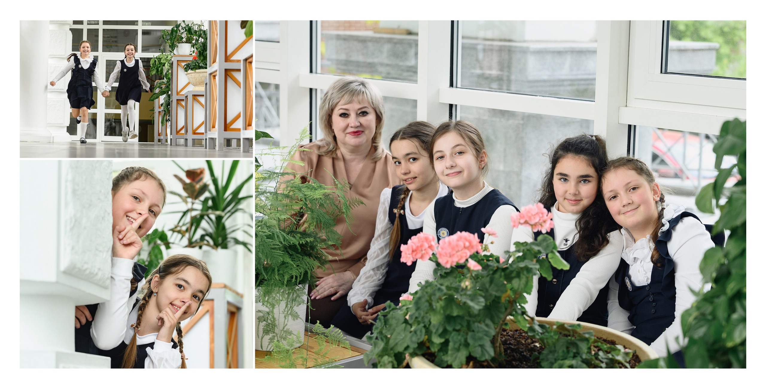 Разворот фотокниги: группа школьниц в классе среди зелёных растений, дружеский общий кадр у окна и дополнительные фото в школьном коридоре. 