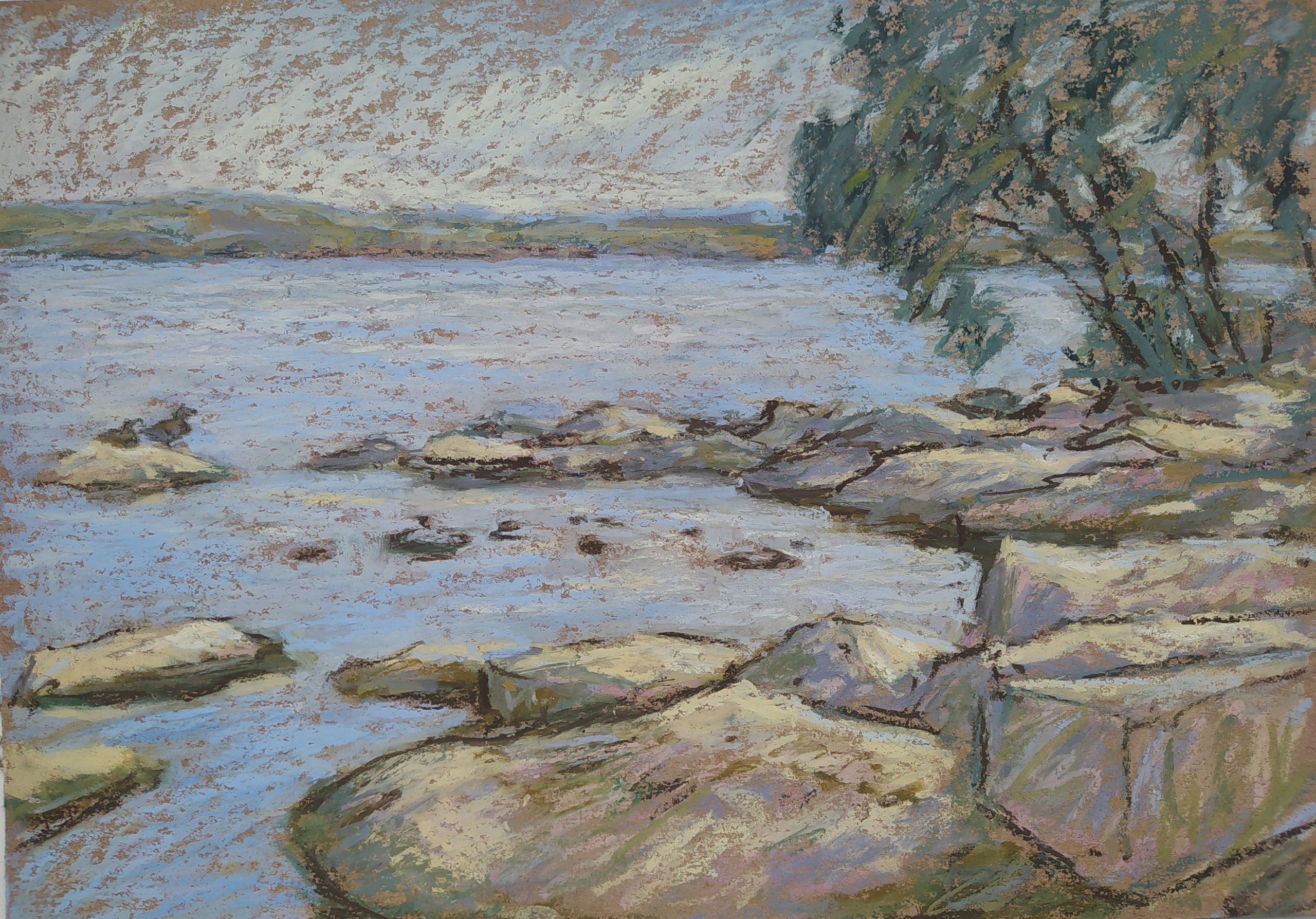 Пейзаж масляной пастелью, рисунок - Озеро Шарташ и камни