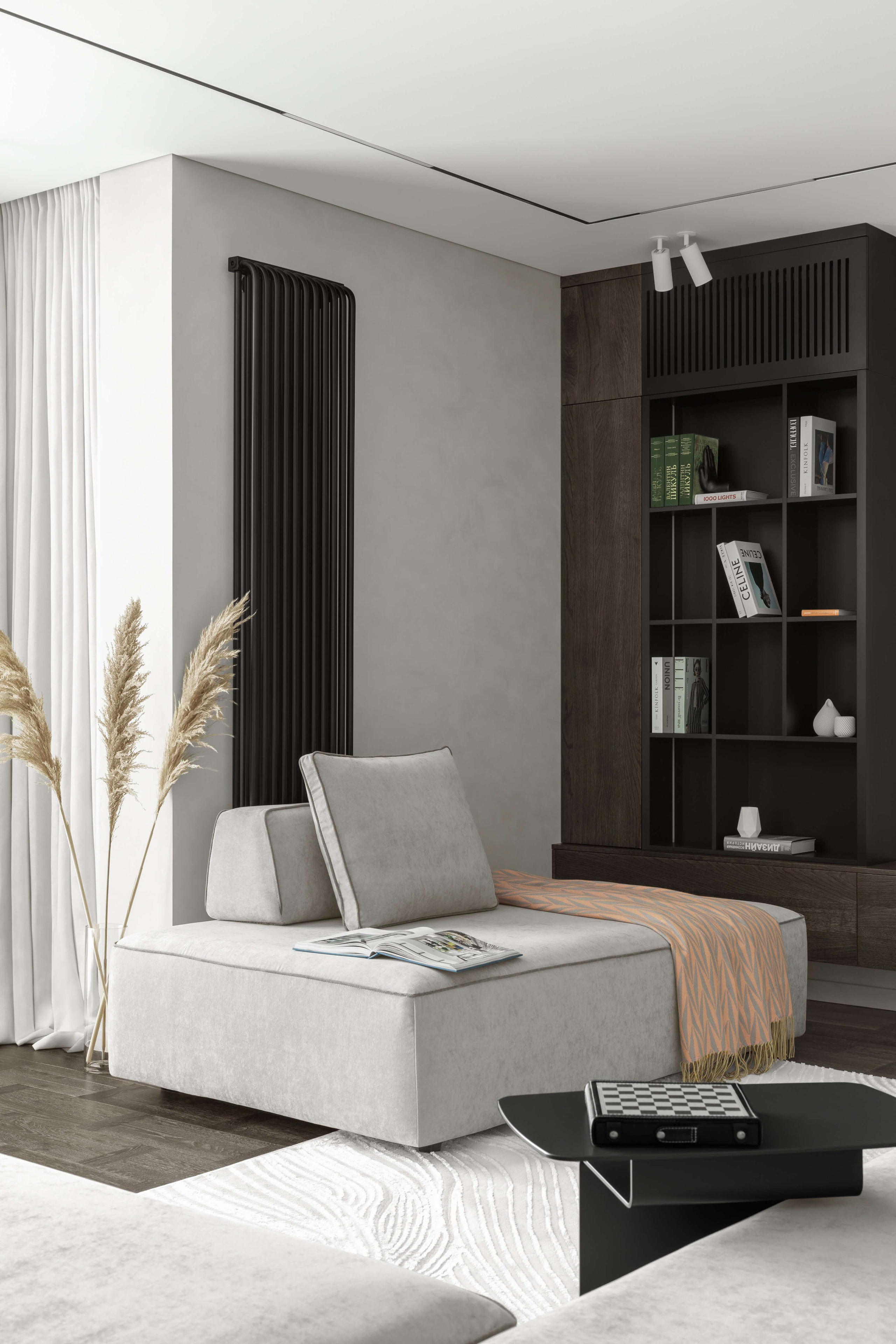 Интерьерная фотография в Астане. Минималистичная ТВ-зона с диваном Samoa, полкой для книг и тёмной деревянной панелью.