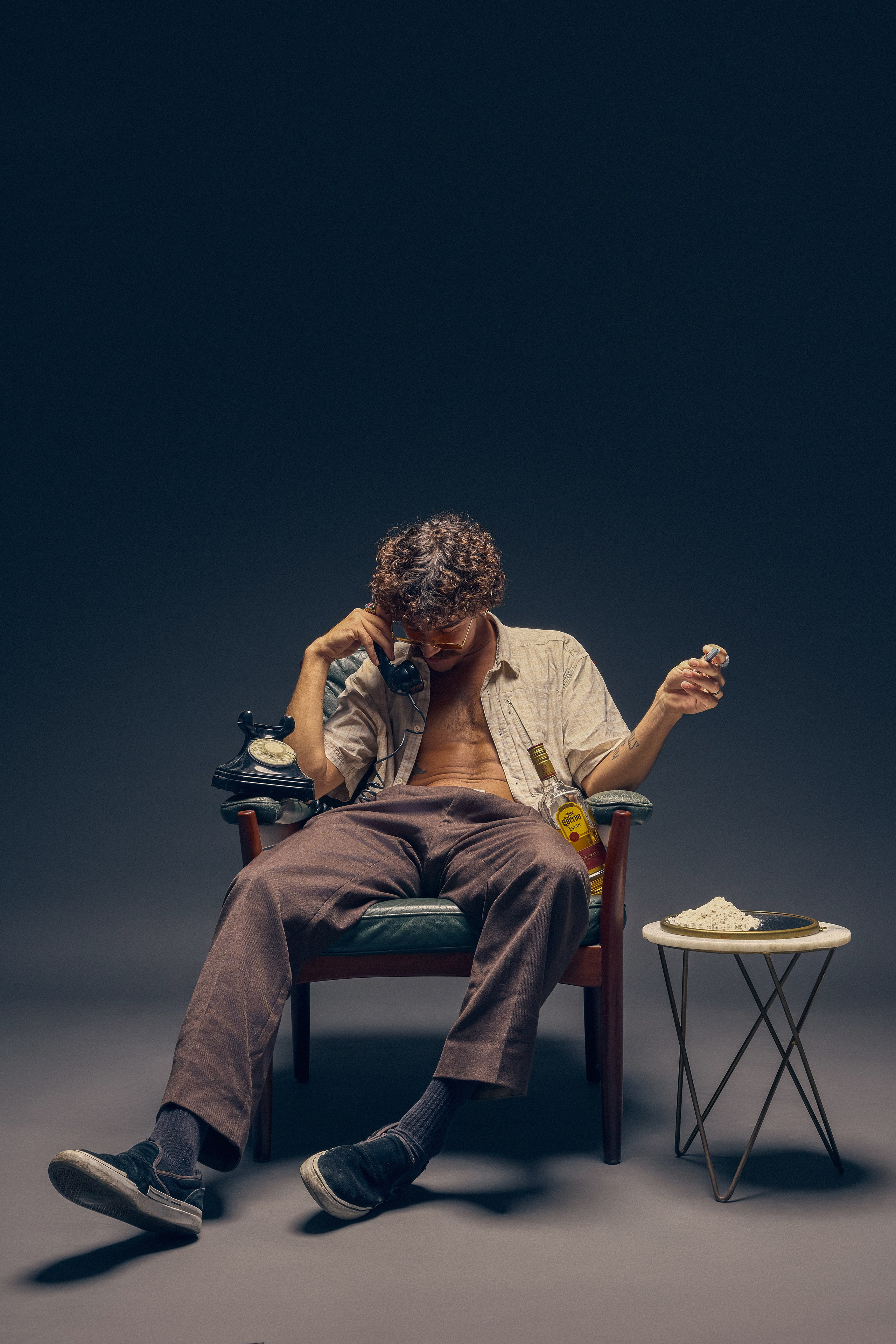 Man with curly hair in retro aesthetic artistic portrait