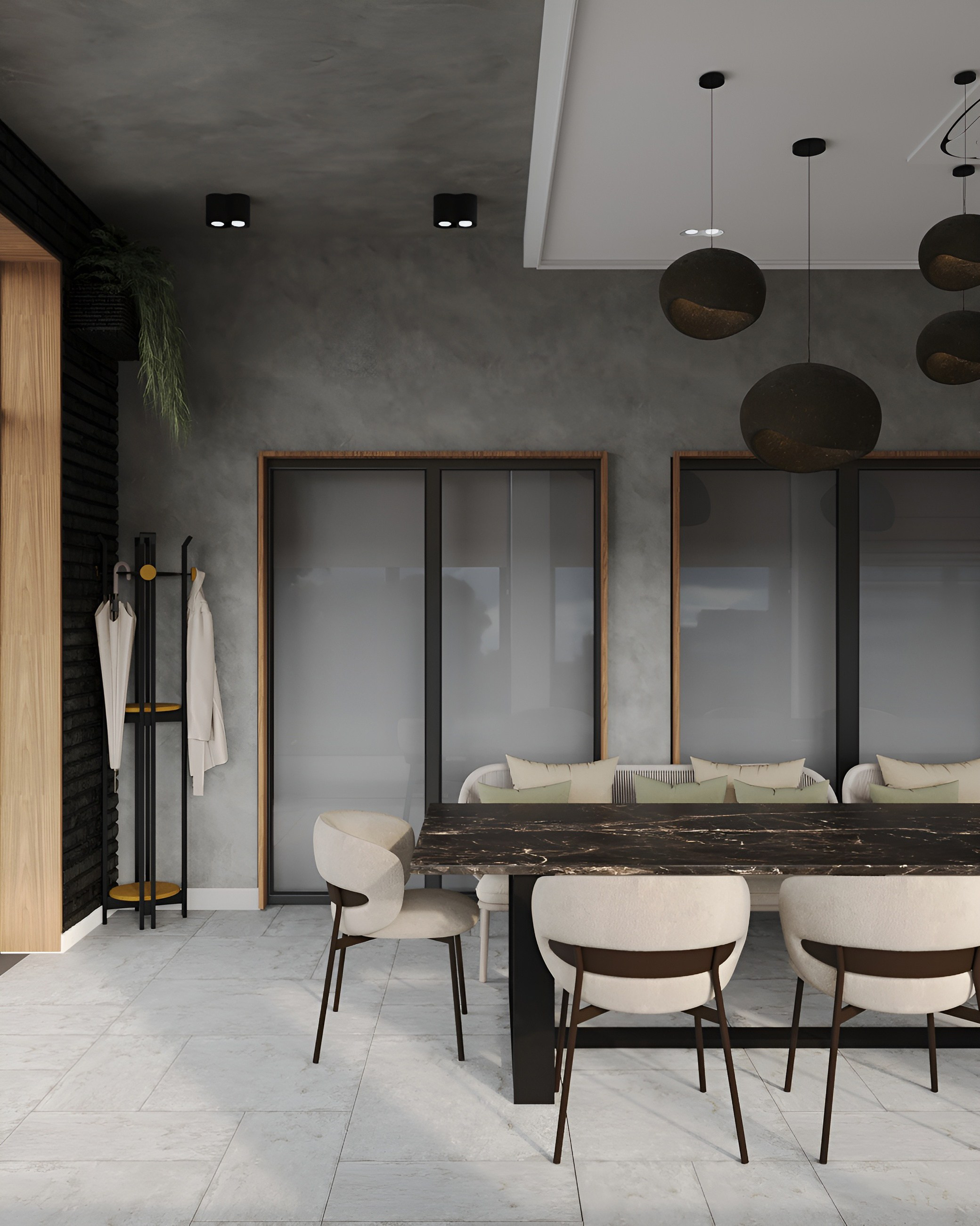 Терраса в загородном доме с камином. 3D Визуализация интерьеров жилых и коммерческих помещений