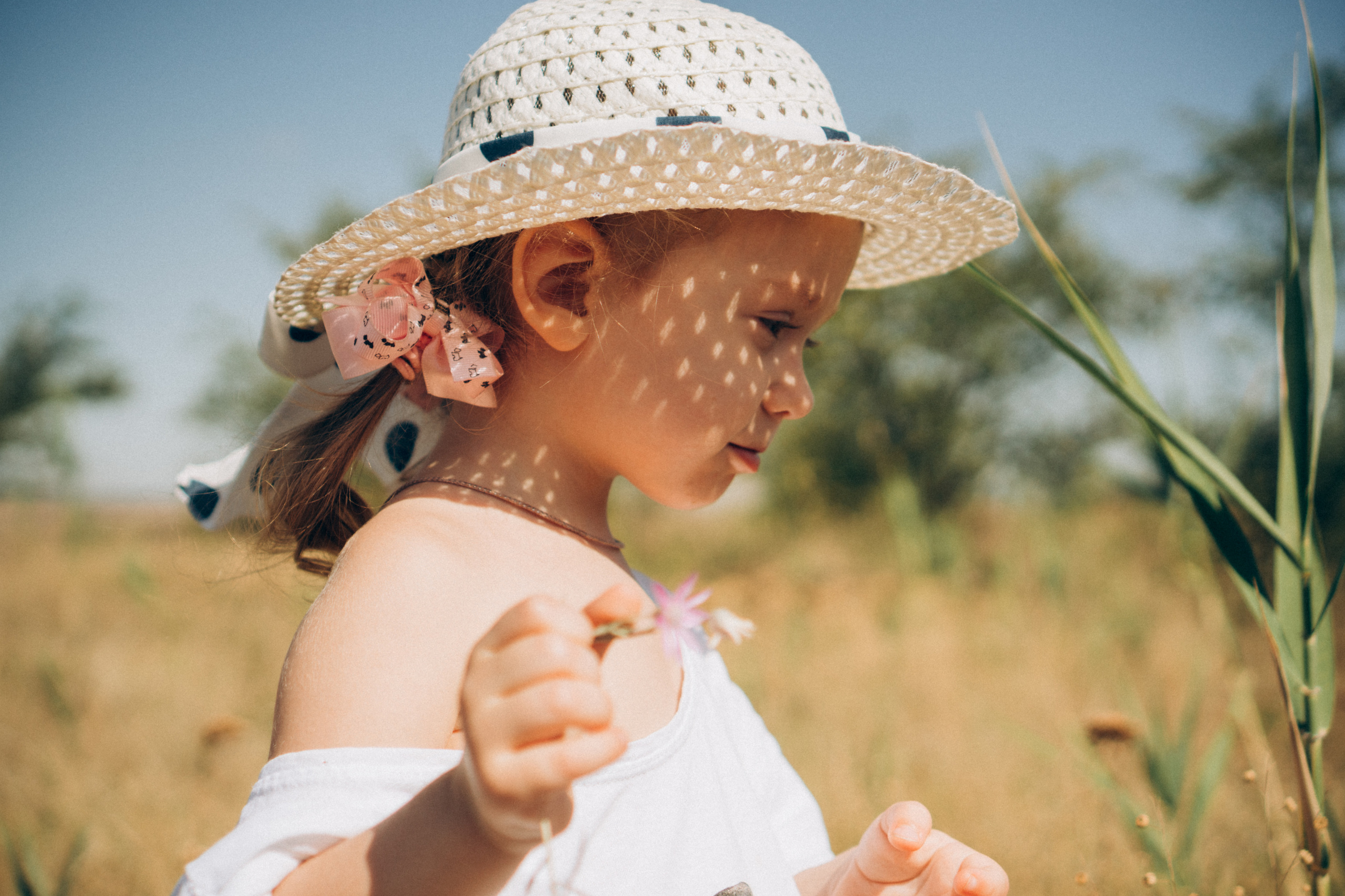 маленькая девочка в поле с ромашкой 