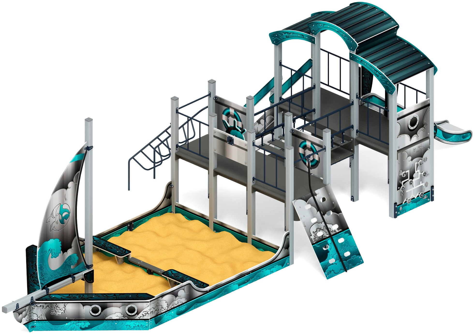 Парусник (Лагуна) - ДИК 2.03.3.02-05 - Игровой комплекс Н=1200                                                                                                  Габариты (ШхДхВ): 11045х4790х3500                                                                                                                                                                     Зона безопасности, мм: 14545х7790                                                                                                                                                                Скат горки: H=1200 (металлический скат)                                                                                                                                          Возрастные ограничения от 5 до 12 лет