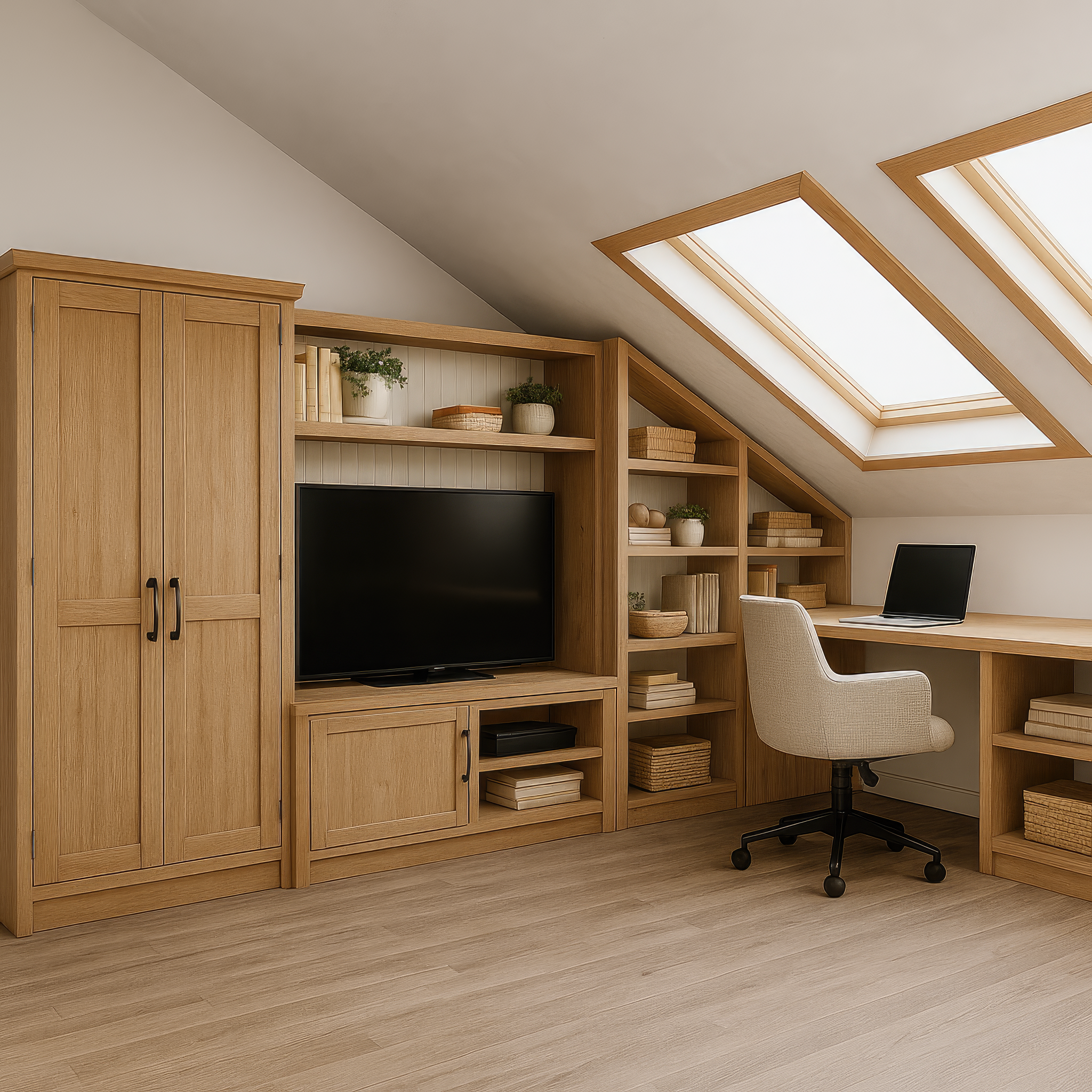 Реалистичный вид рабочей зоны с деревянными стеллажами, компьютером и креслом