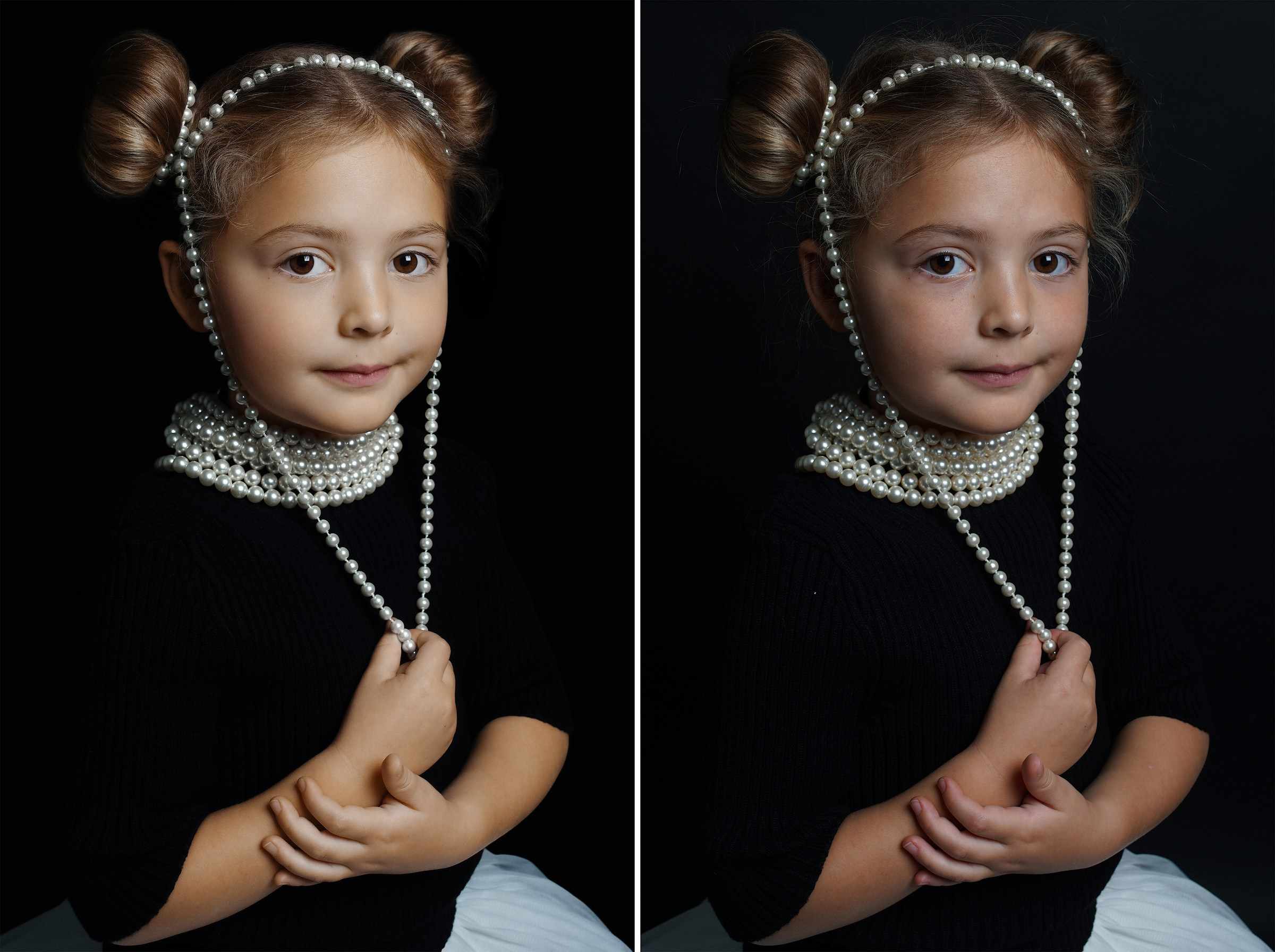 Ретушь цвета (кожа, бусы, фон) + Ретушь кожи + Выравнивание тона кожи Dodge Burn + Удаление волос с фона + Отрисовка волос + Ретушь одежды 