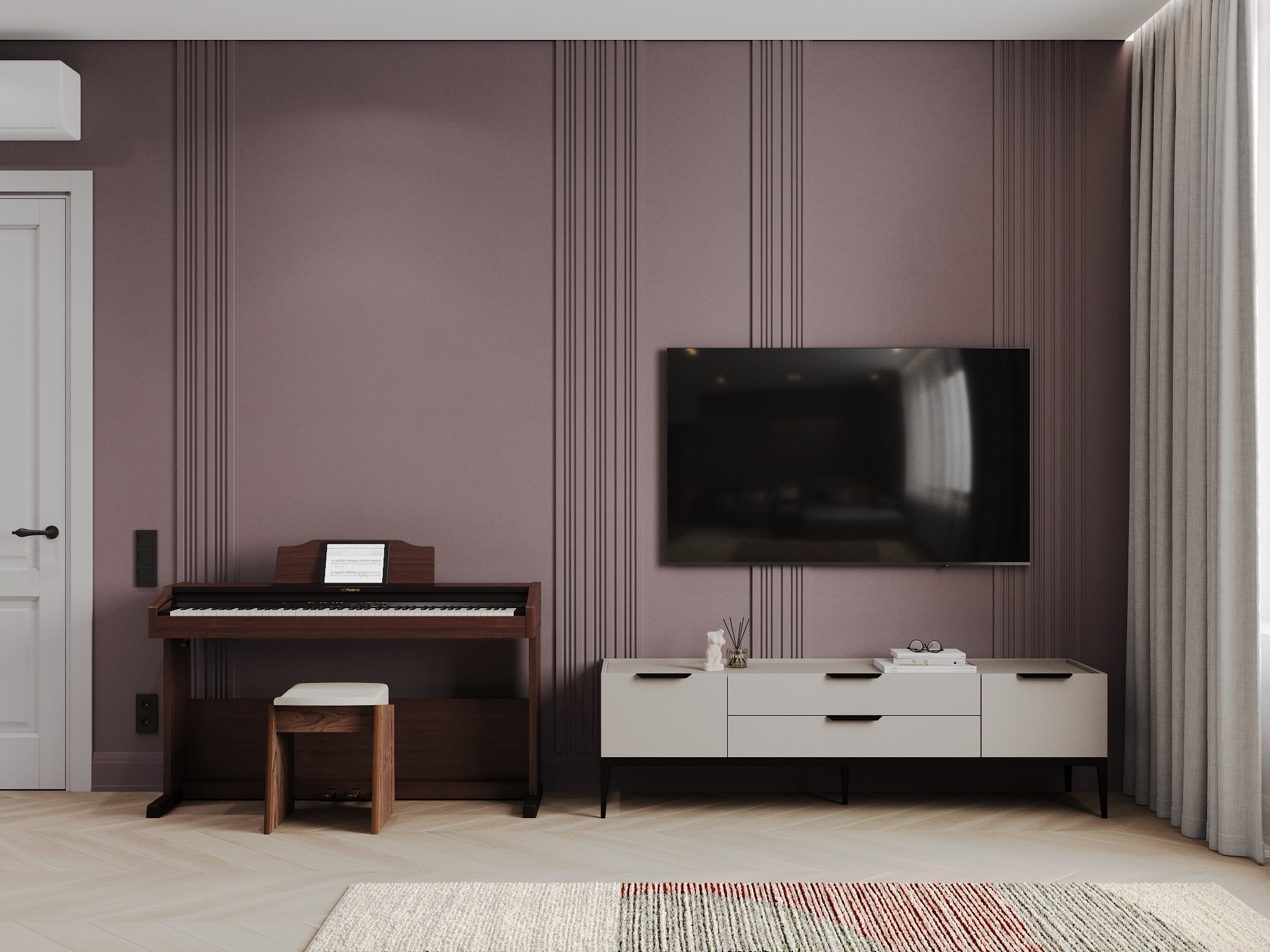 дизайн интерьера кухни-гостиной в сложных сливовых тонах, серый диван и зеркало у обеденного стола, цифровое пианино 