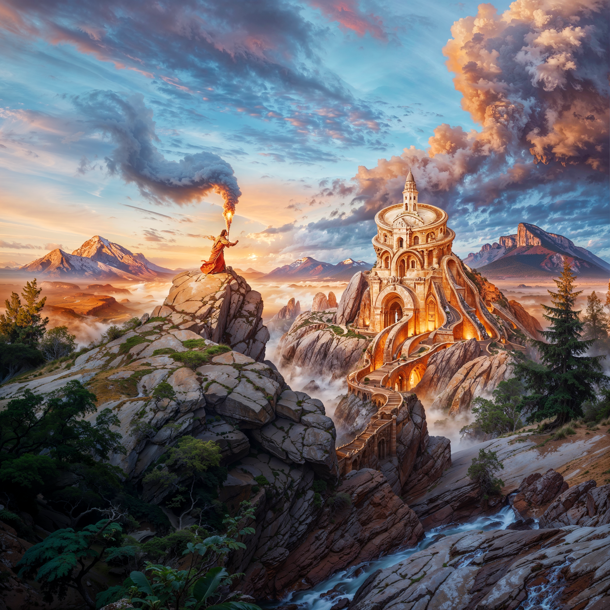 Фантастический пейзаж с храмом на рассвете и женщиной с факелом на скале, визуальная иллюзия в стиле Олега Шупляка.