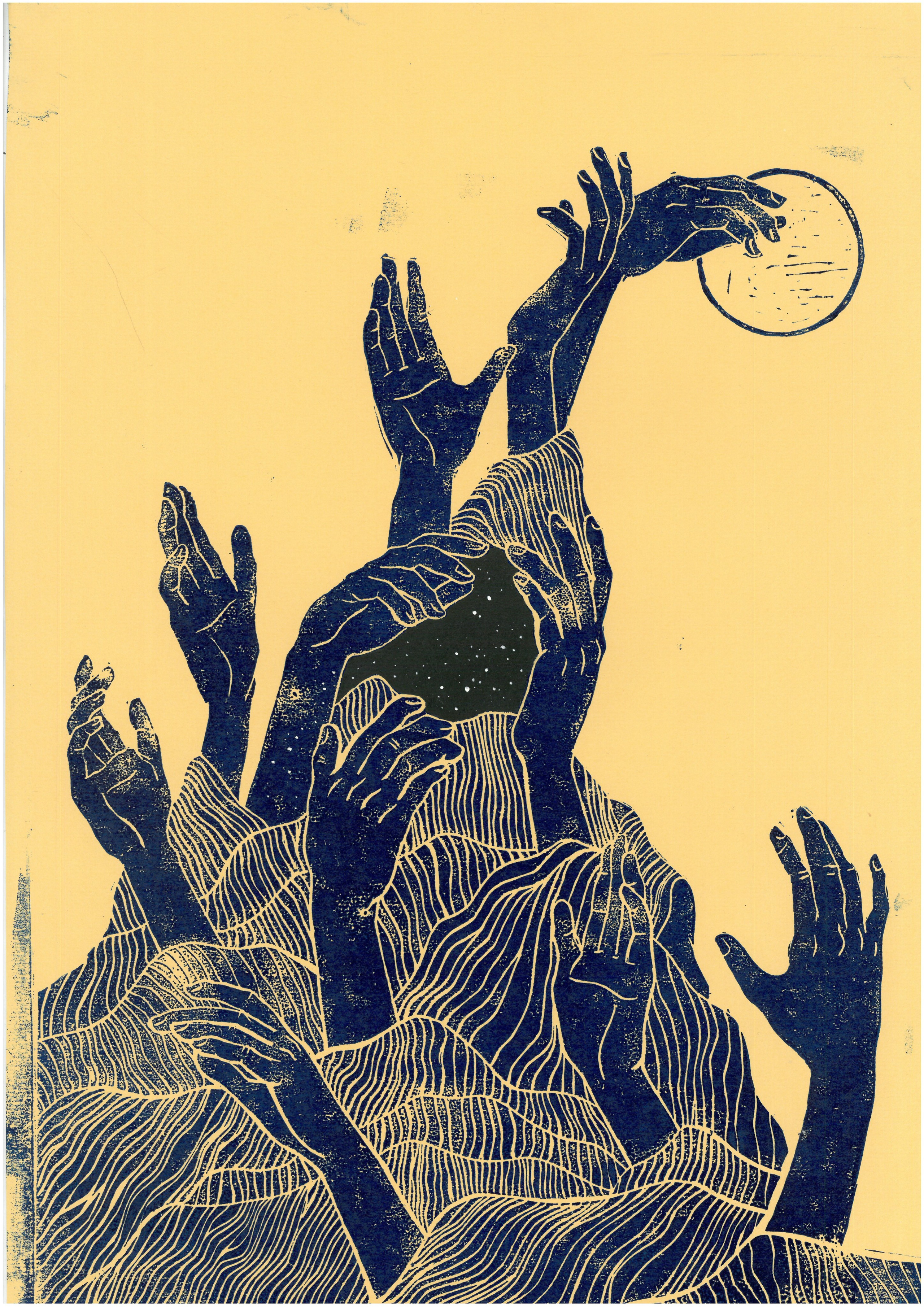 линогравюра напечатанная синим цветом, изображающая танец рук
