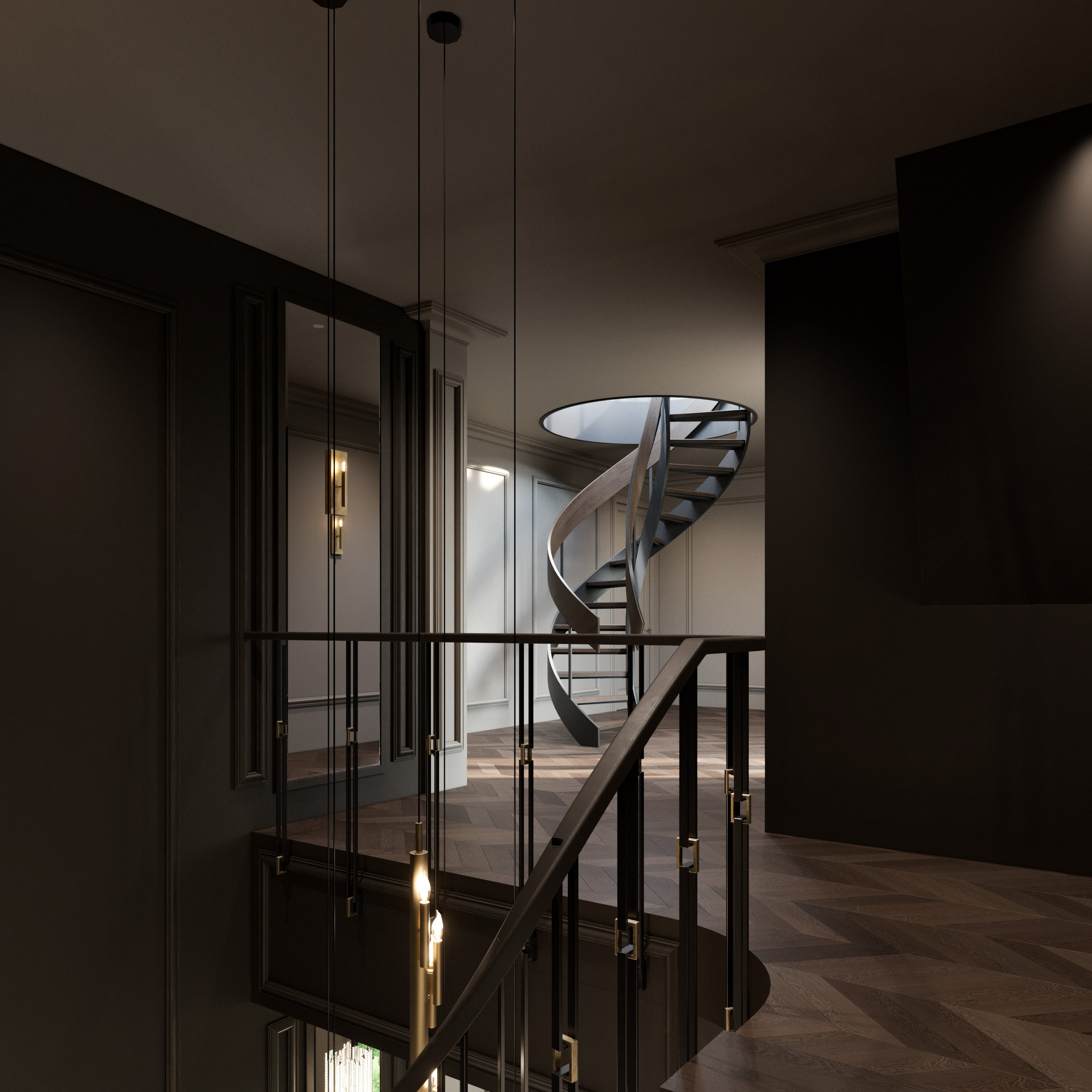 Кованые элементы ограждения лестницы с позолотой в соврменном стиле