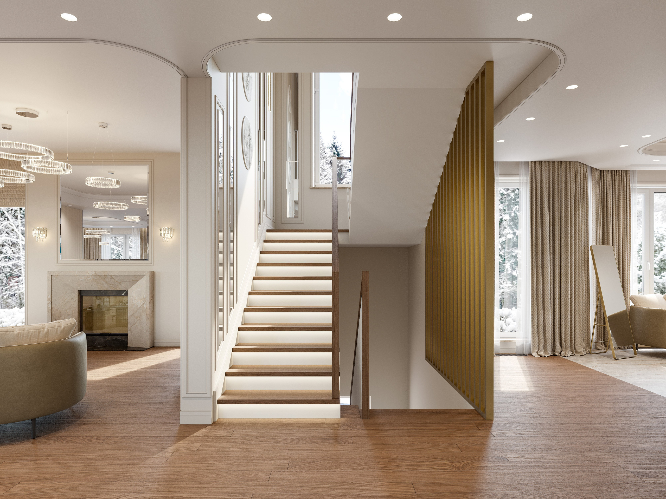 Лестничный марш с декоративными балясинами и подсветкой ступеней в классическом интерьере