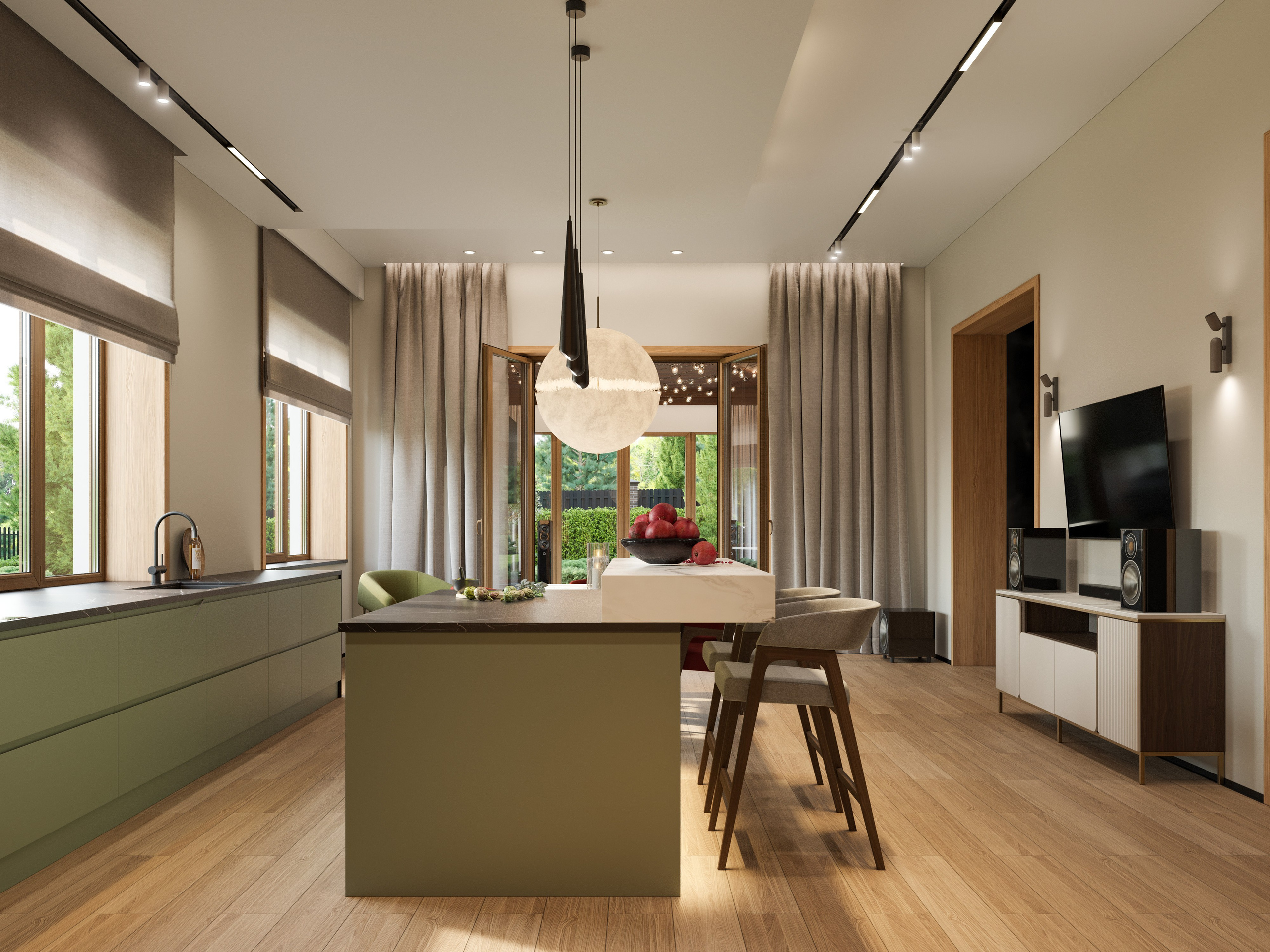 3D Визуализация Кухни-Столовой с Верандой | Загородный Дом. Визуализатор интерьера в Москве | Брагин Кирилл