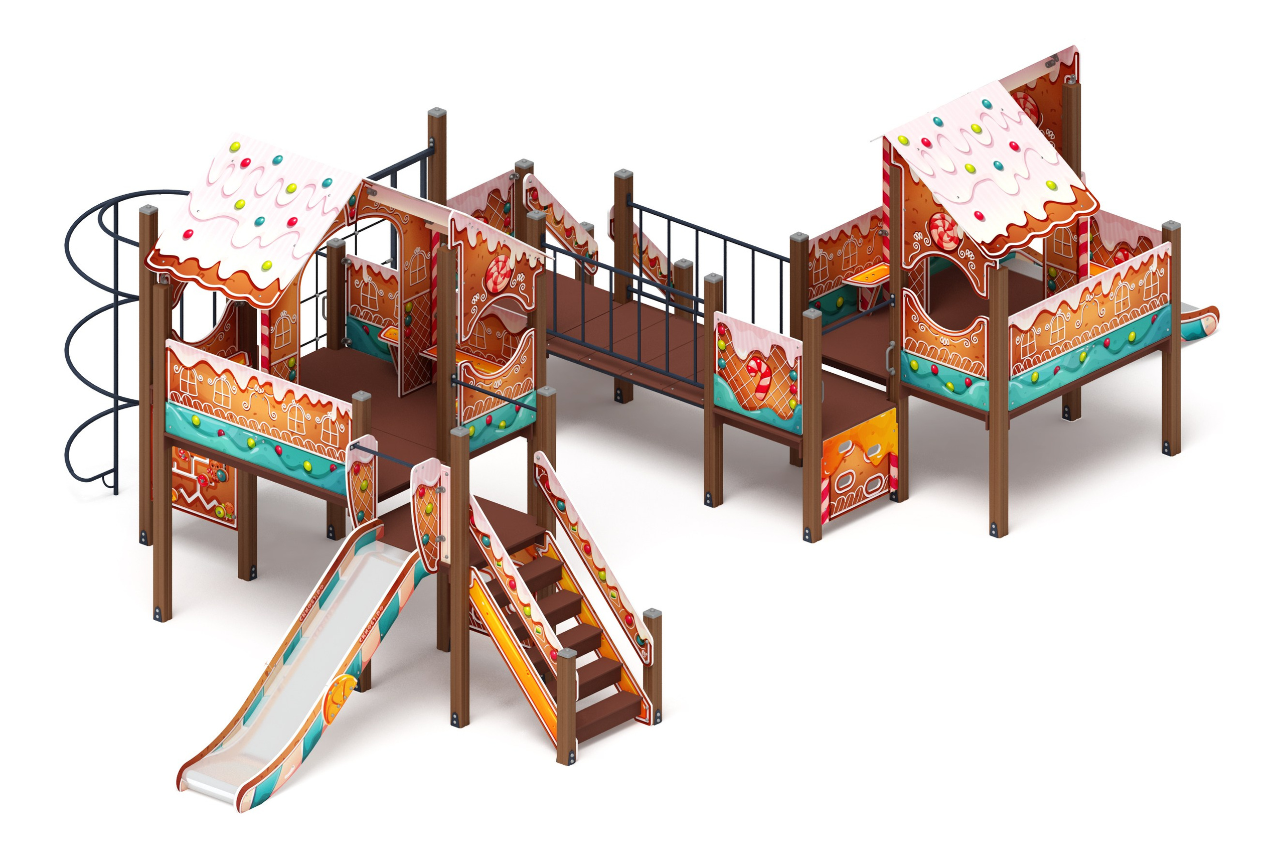 Теремок (Пряничный домик) - ДИК 2.07.03-02 - Игровой комплекс H=750 H=1200                                                                                                                       Габариты (ШхДхВ): 5615x10490x3290                                                                                                                                                                      Зона безопасности, мм: 9000х14490                                                                                                                                                                          Скат горки: H=750 (металлический скат) / H=1200 (металлический скат)                                                                                                                                            Возрастные ограничения от 5 до 12 лет