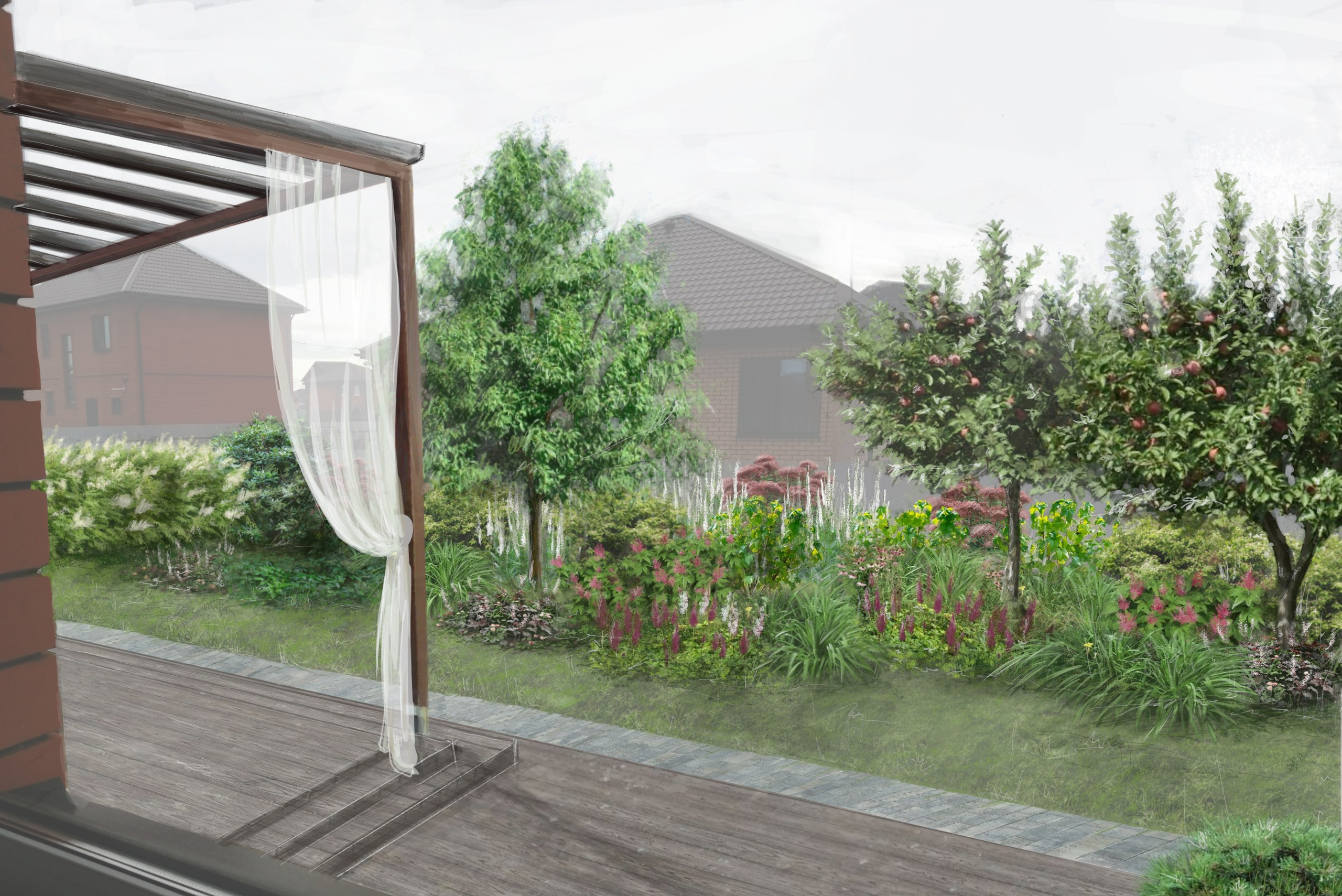 визуализация вида с террасы на соседний участок