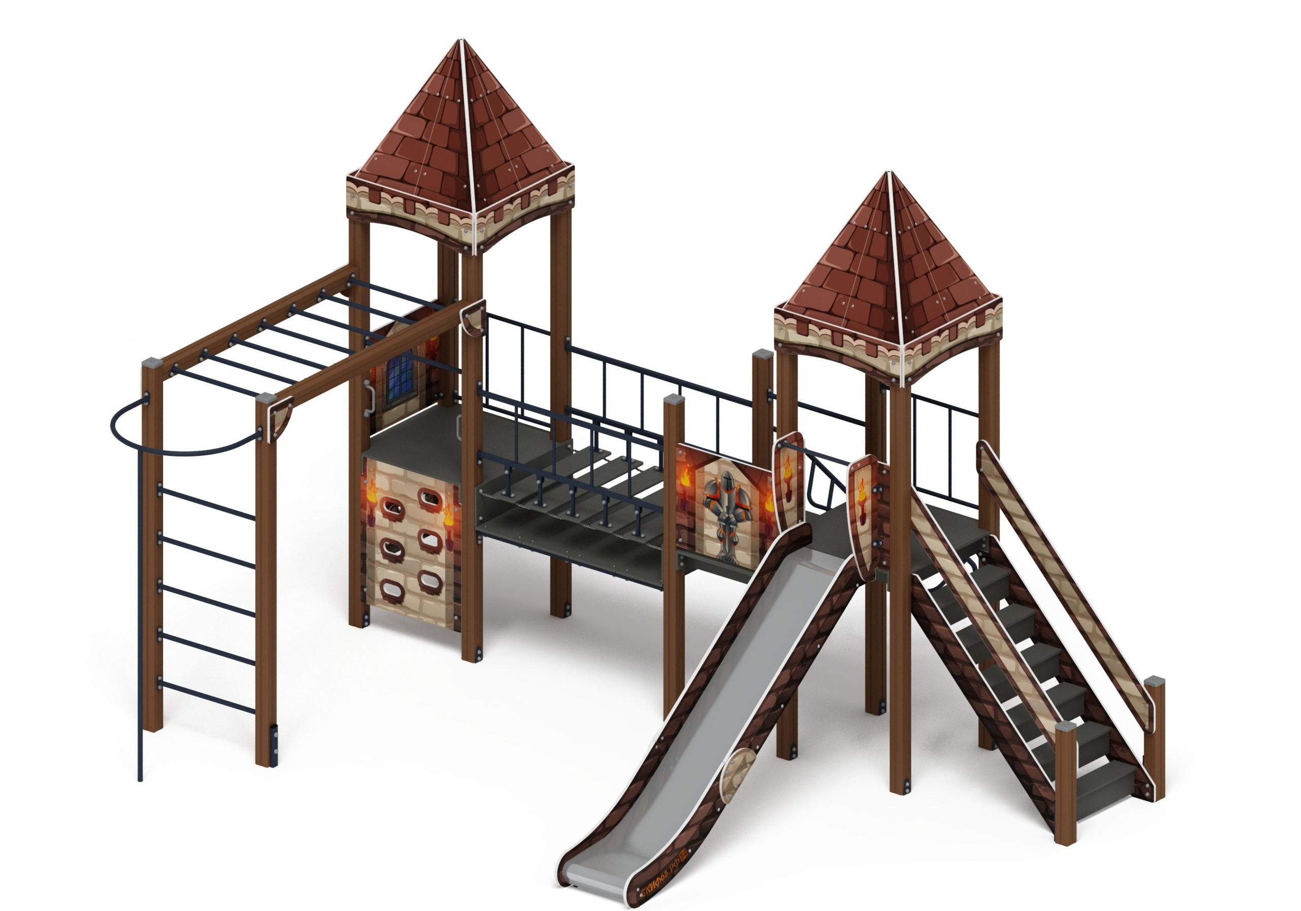 Замок (Средневековый) - ДИК 2.18.01-02 - Игровой комплекс H=1500                                                                                                         Габариты (ШхДхВ): 5730x4930x3960                                                                                                                                                                        Зона безопасности, мм: 8730х7930                                                                                                                                                                          Скат горки: H=1500 (металлический скат)