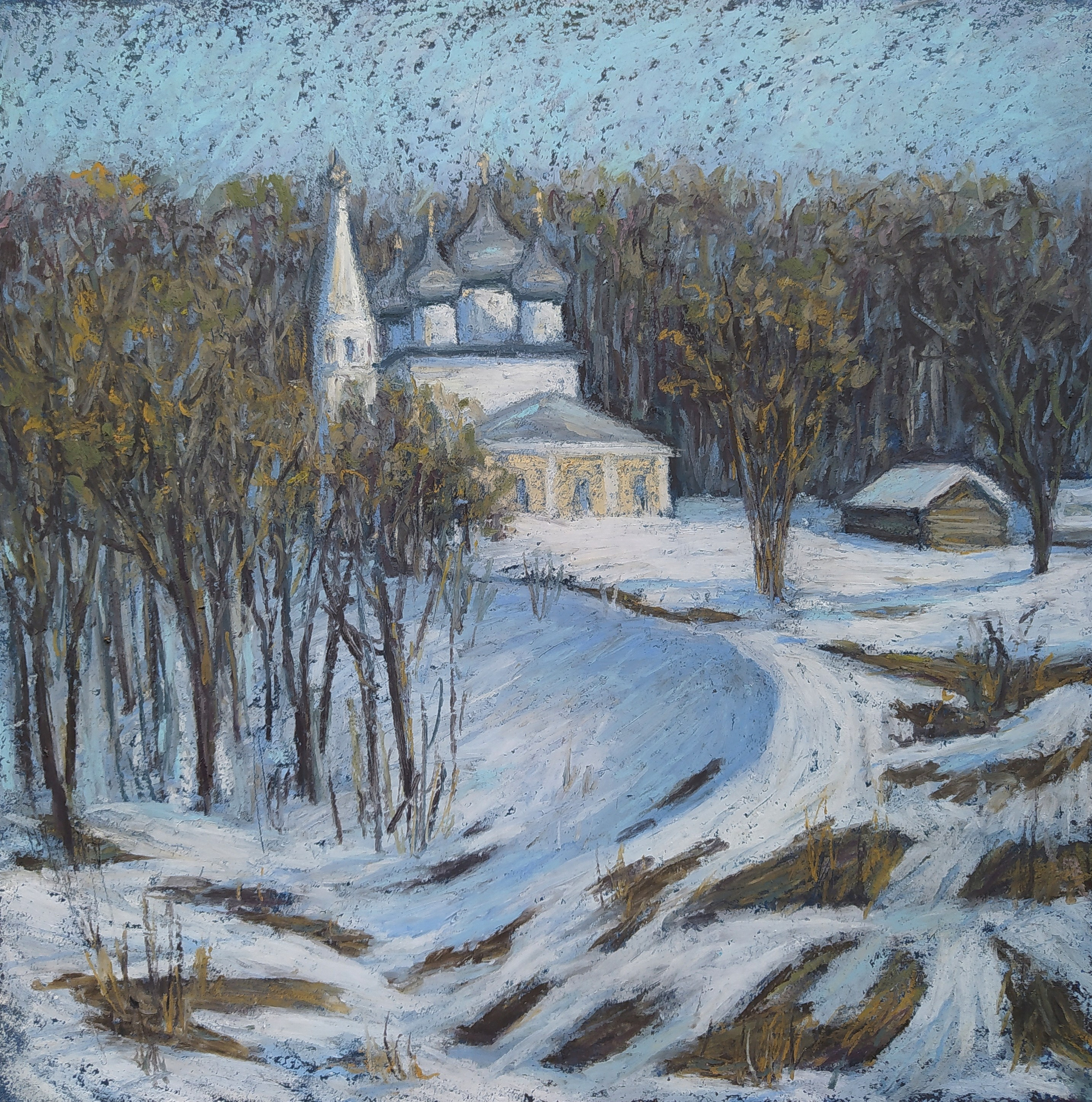 Пейзаж масляной пастелью, рисунок - Тутаев зимой