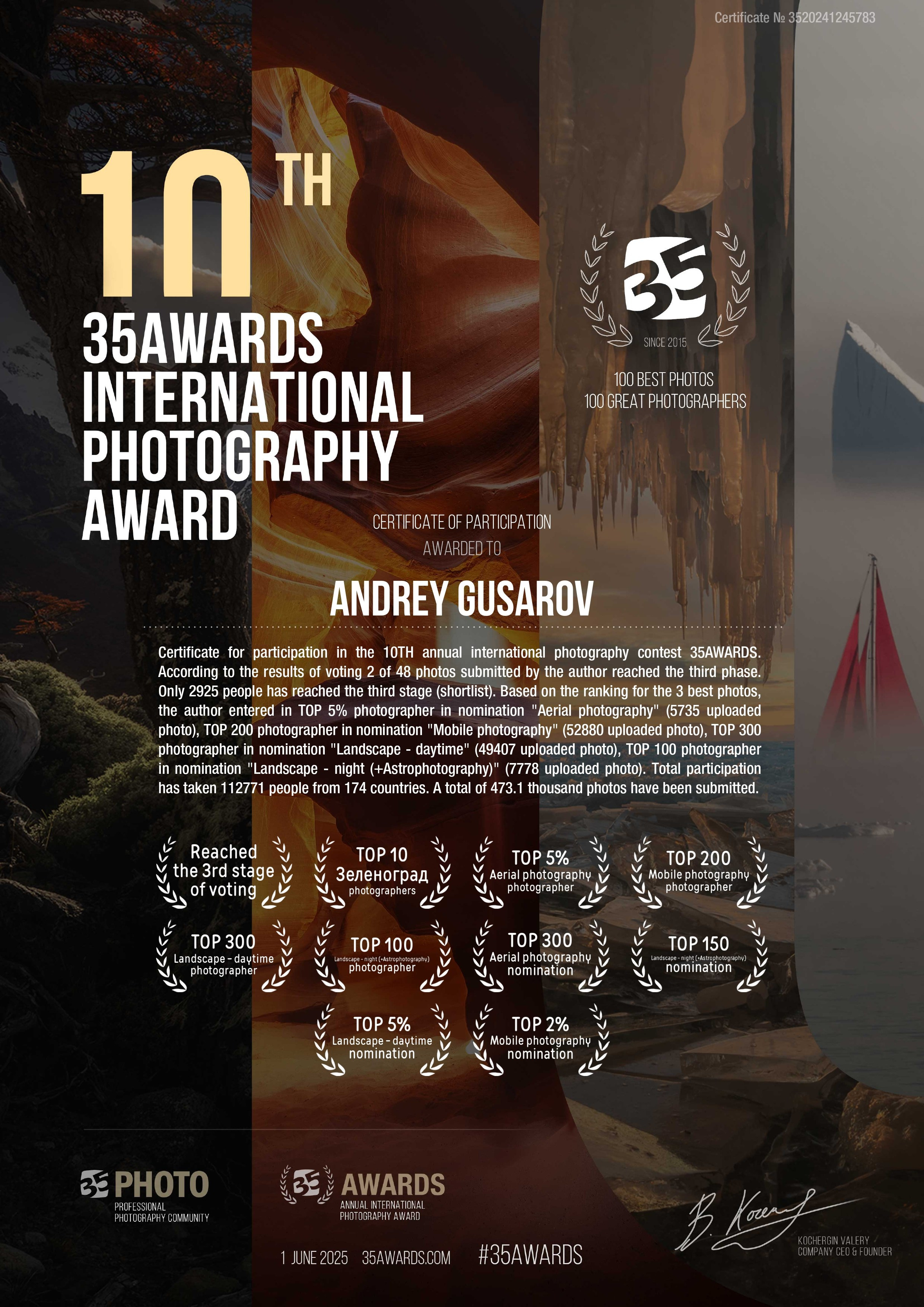 Дипломы 35AWARDS. Gusarov Travel Photography