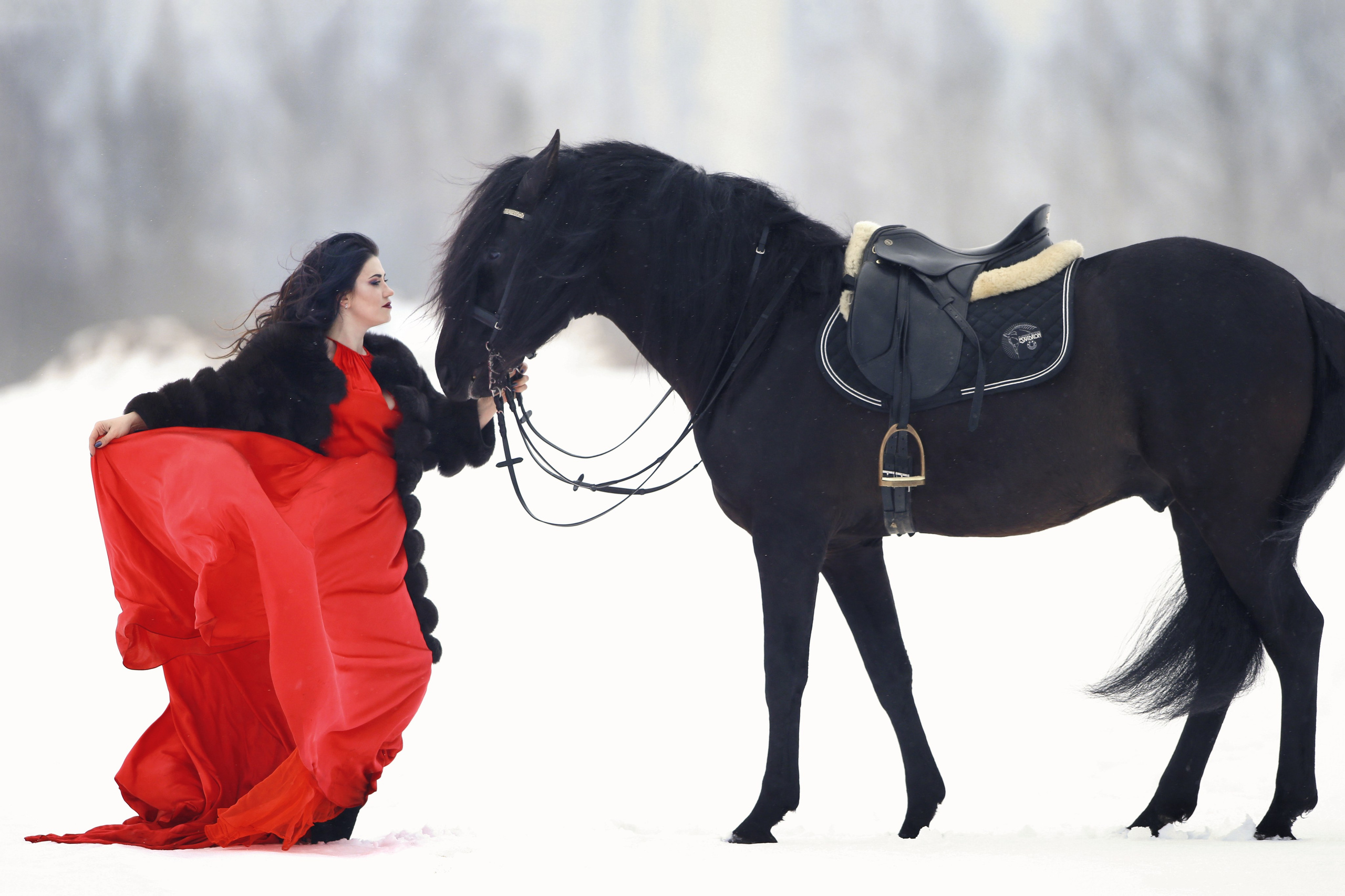 Зимняя фотосессия с конем в красном платье. Сказочные портреты СПб. Портретные фотосессии, контент-съемки, репортаж