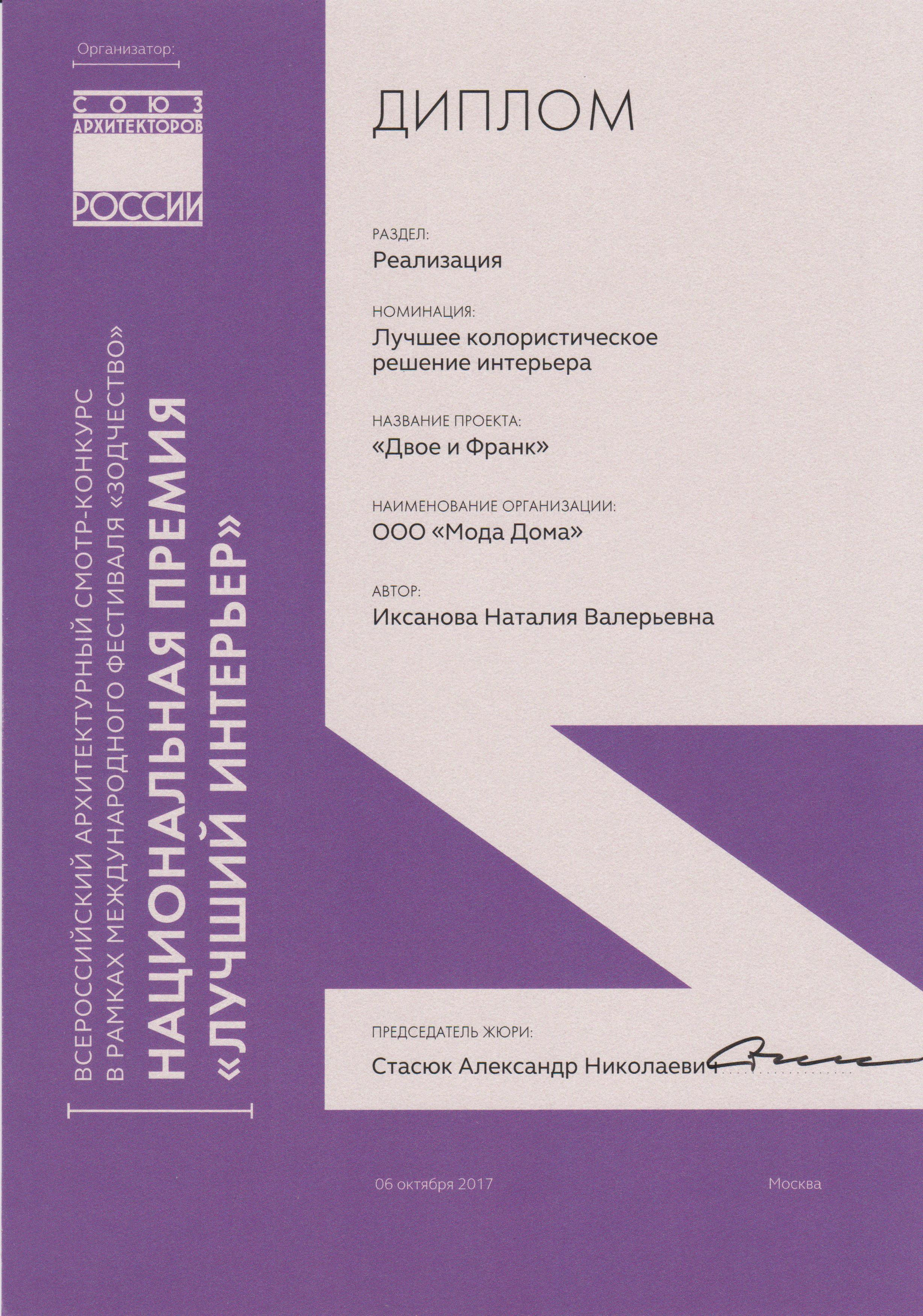 Awards. Interior designer Nataliia Iksanova