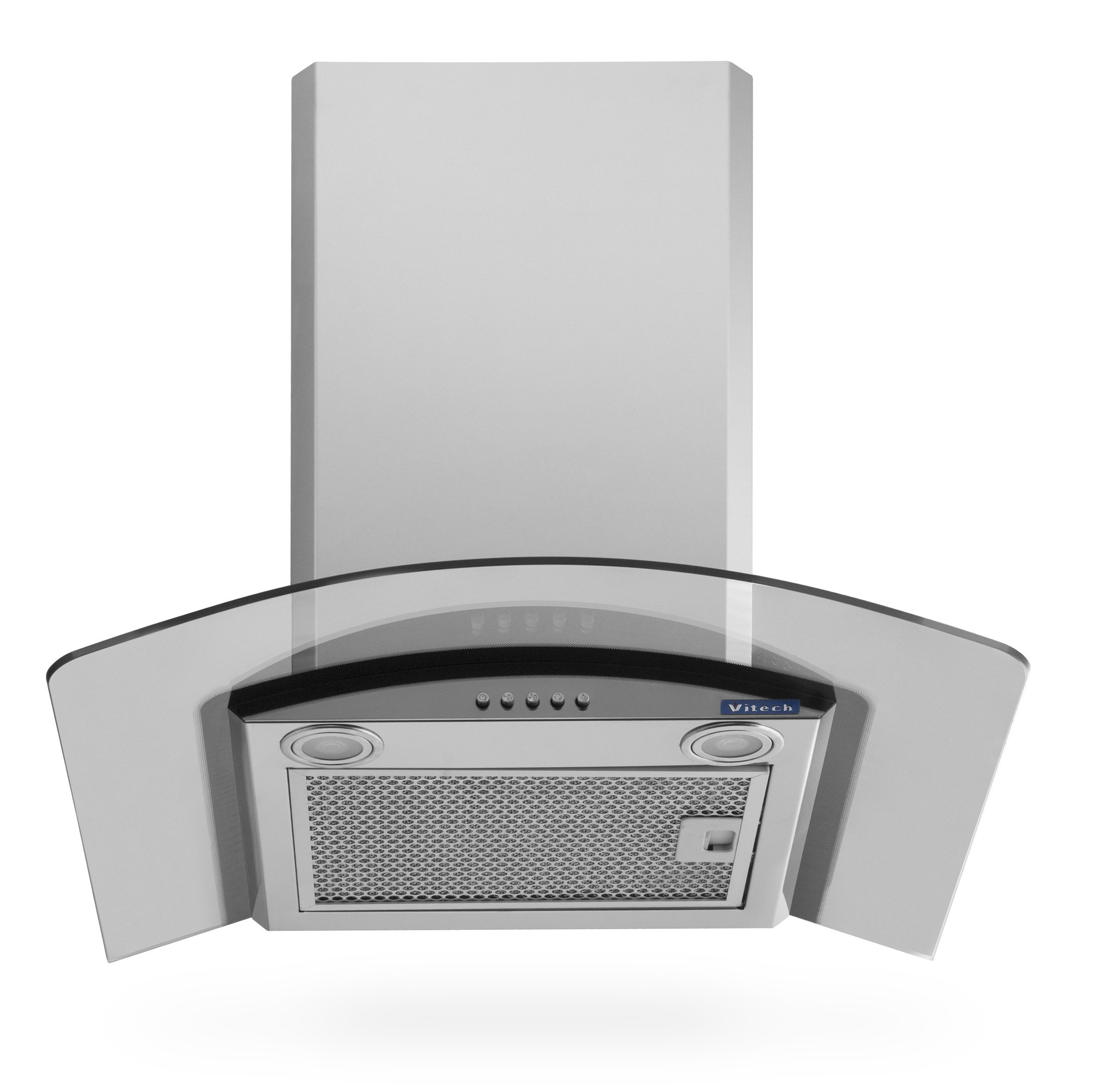 Рекламная студийная съёмка купольной вытяжки Vitech с изогнутым стеклом и кнопочной панелью, вид снизу, для карточек товаров и онлайн-продаж.