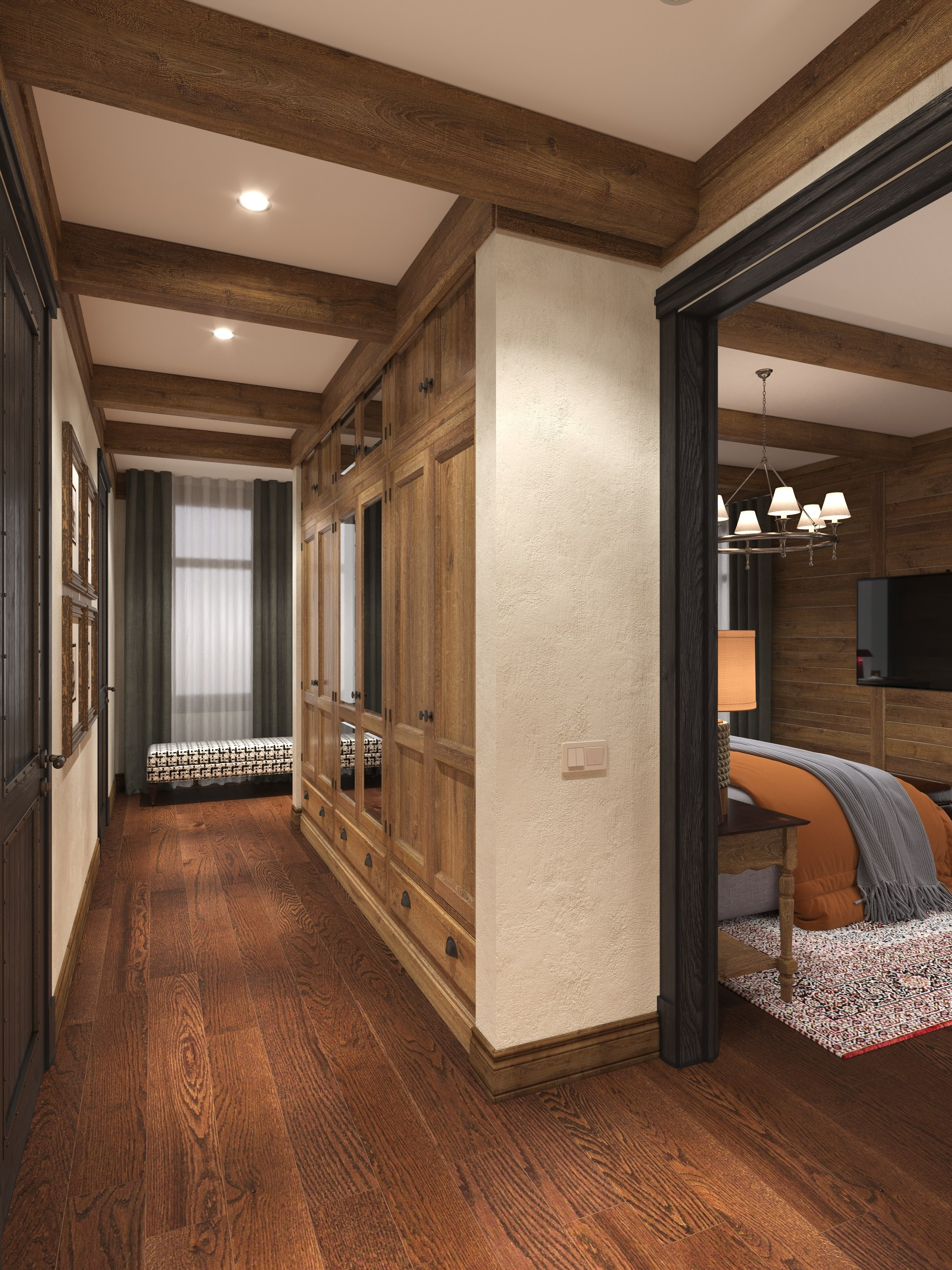 Коридор в сочетании дуба и покрашенных стен в стиле рустика