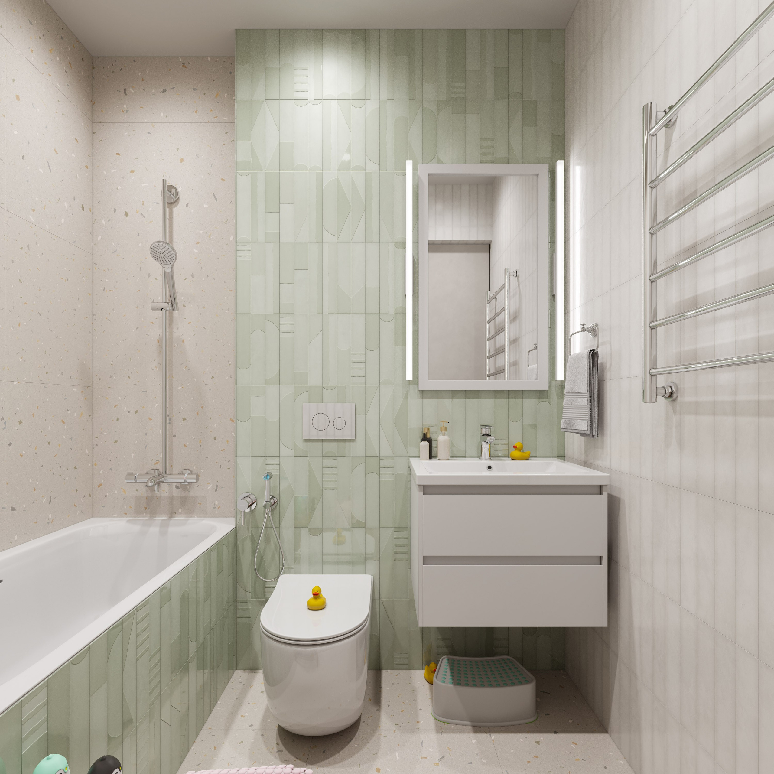 Ванная комната для ребенка в стиле минимализм с мятной объемной плиткой
