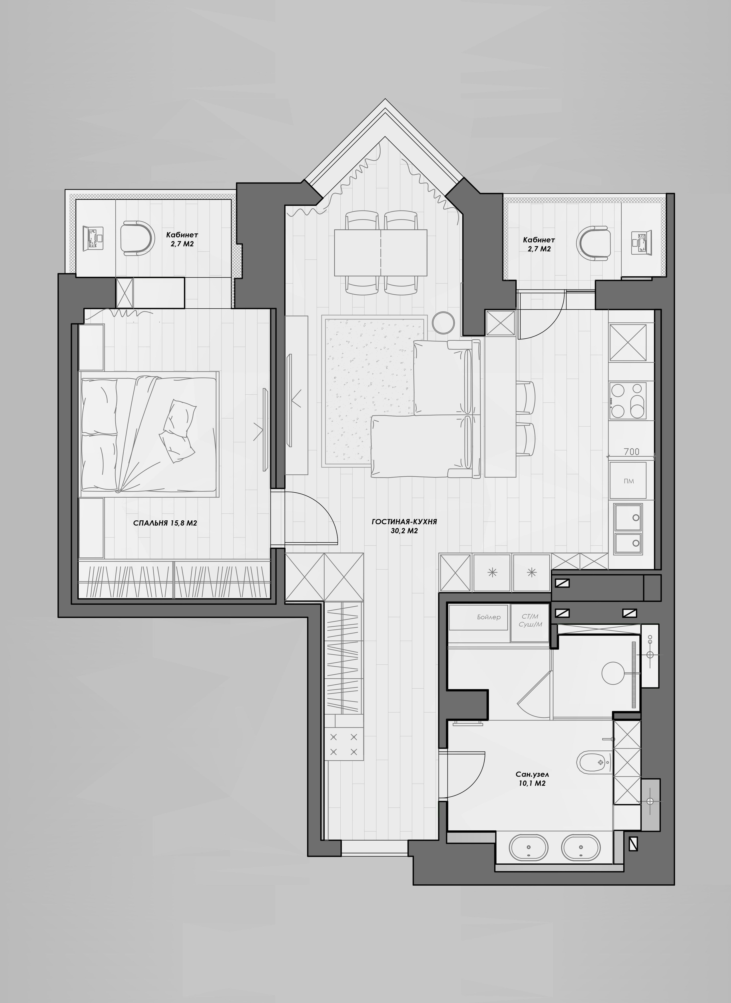 2-я Круговая, 67.3 кв.м. Дизайн интерьера, 3D-визуализация Владивосток