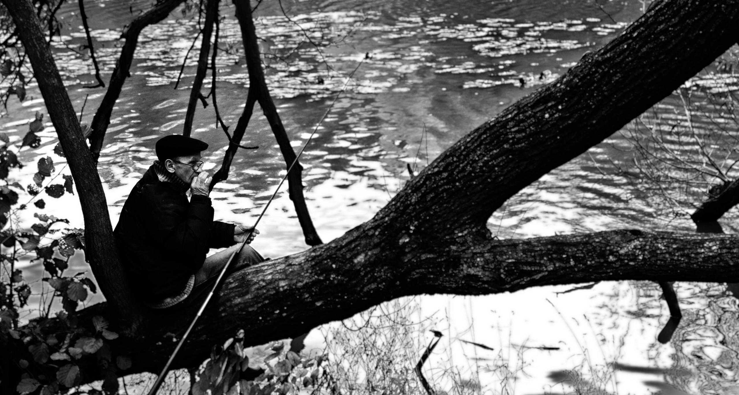 Рыбак в кепке сидит на дереве у реки с удочкой, черно-белое фото, отражение воды, созерцательный момент