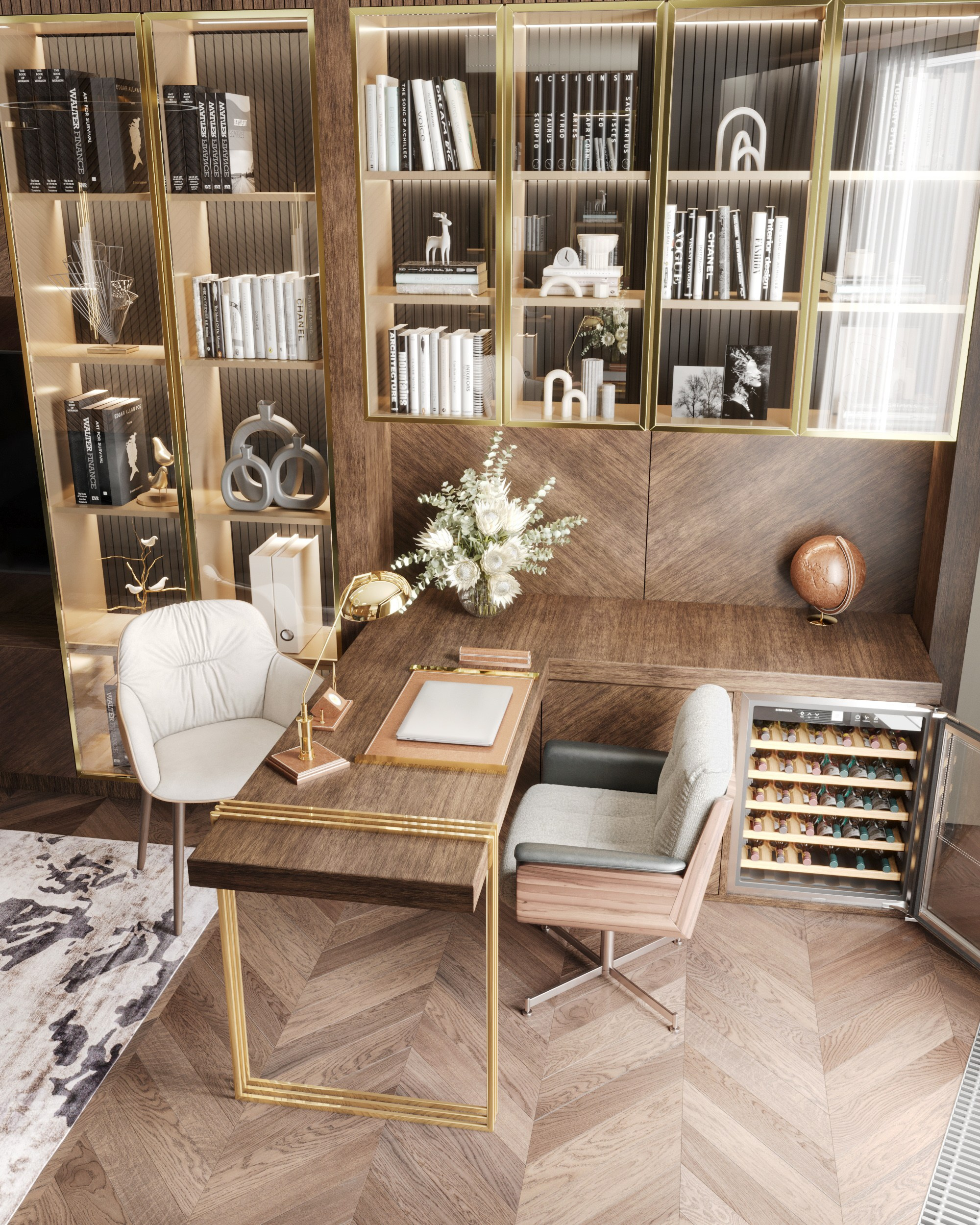 Вид сверху на рабочую зону кабинета: деревянный стол и два кресла