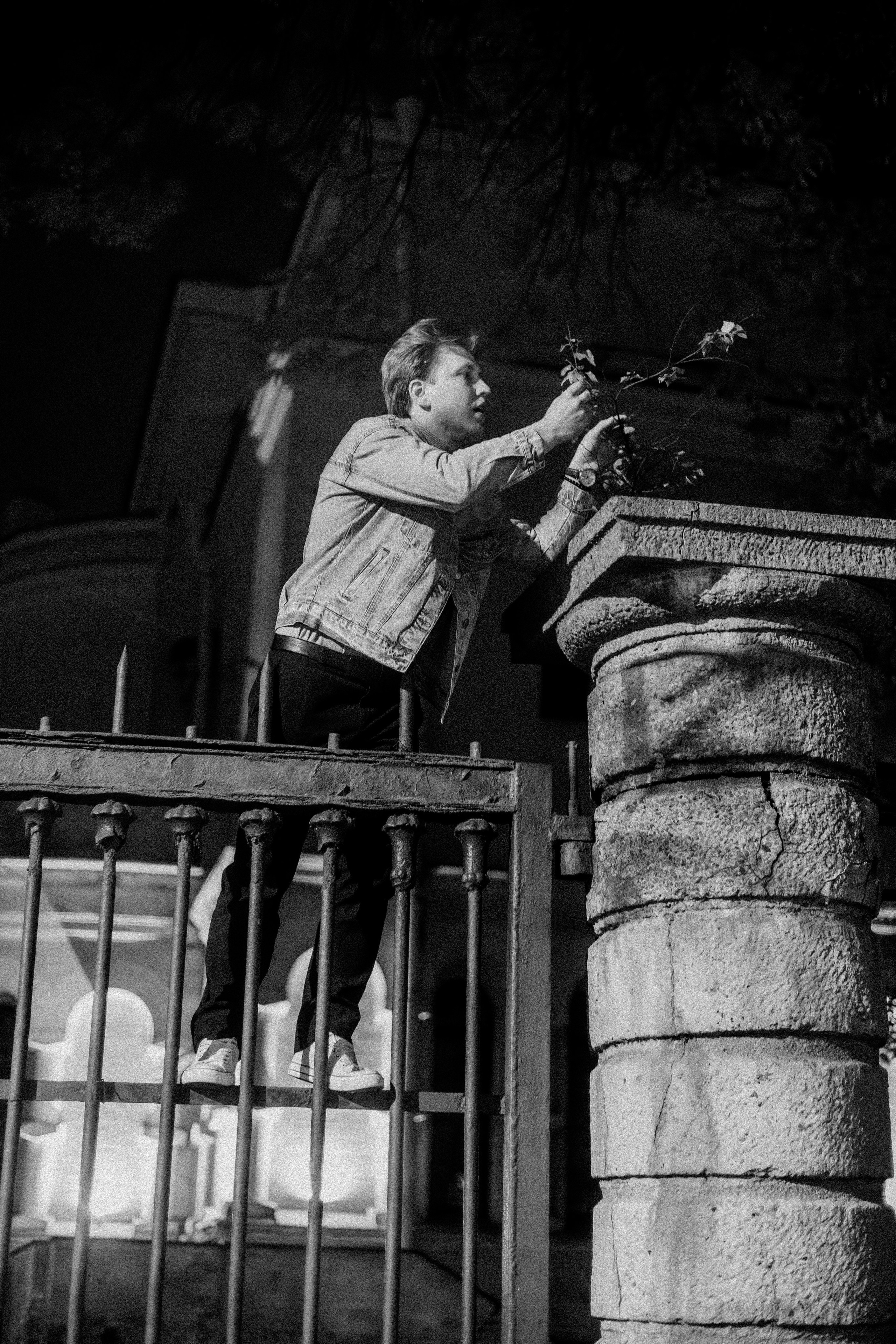 молодой человек в куртке на заборе трогает ветку дерева