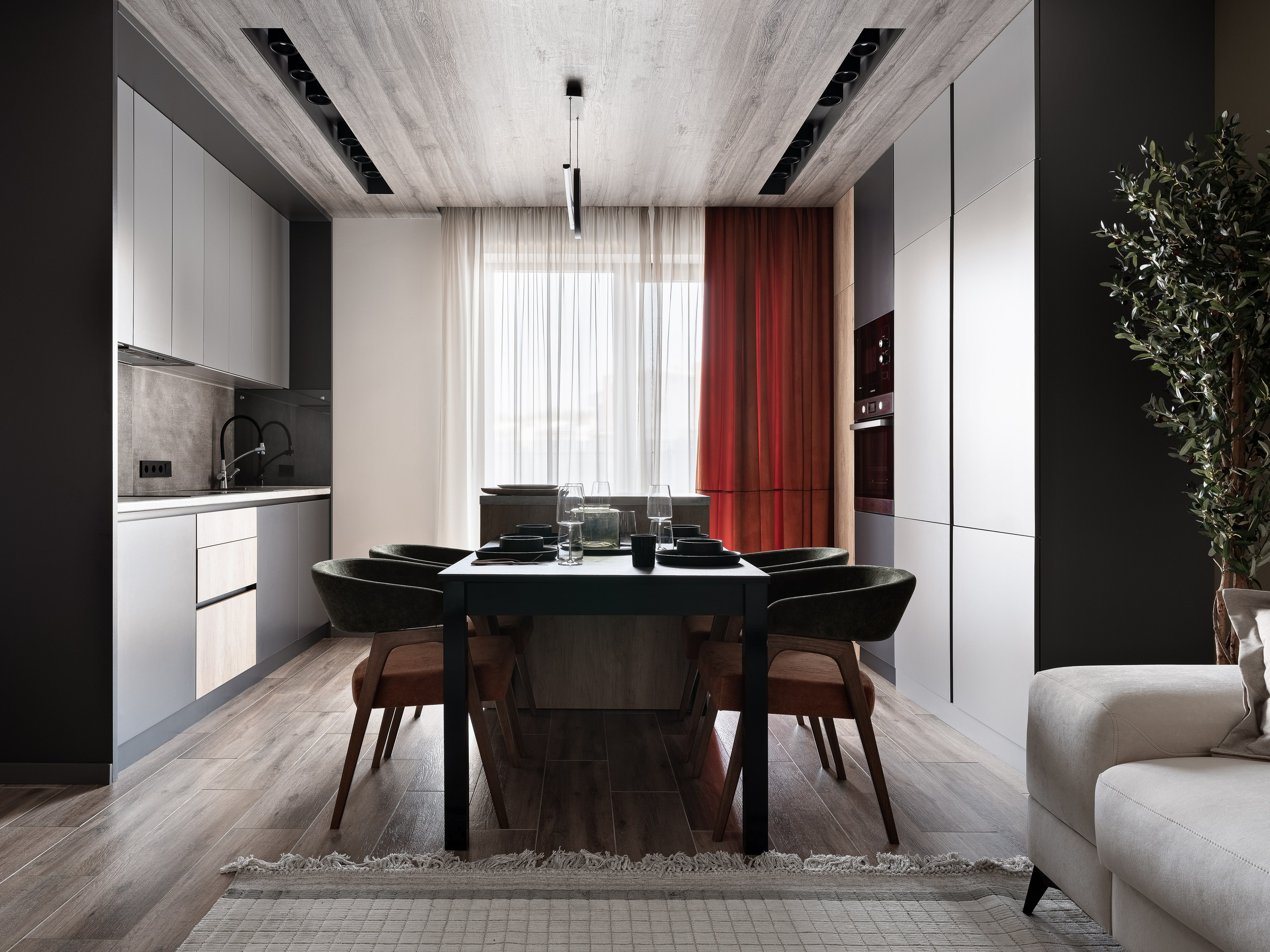 Современная кухня-гостиная в светлых и темных тонах с деревянным полом, лаконичными фасадами и стильной обеденной зоной; дизайн Екатерины Мищенко, интерьерное фото Сергея Денисенко.