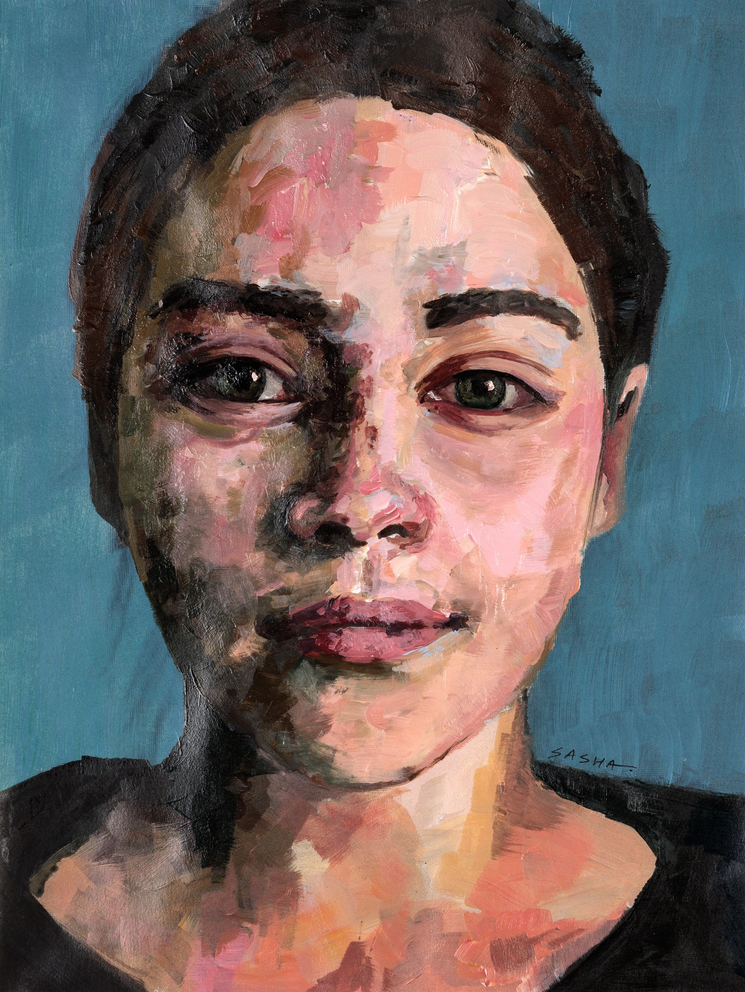 Портрет девушки крупным планом, яркие мазки, масло