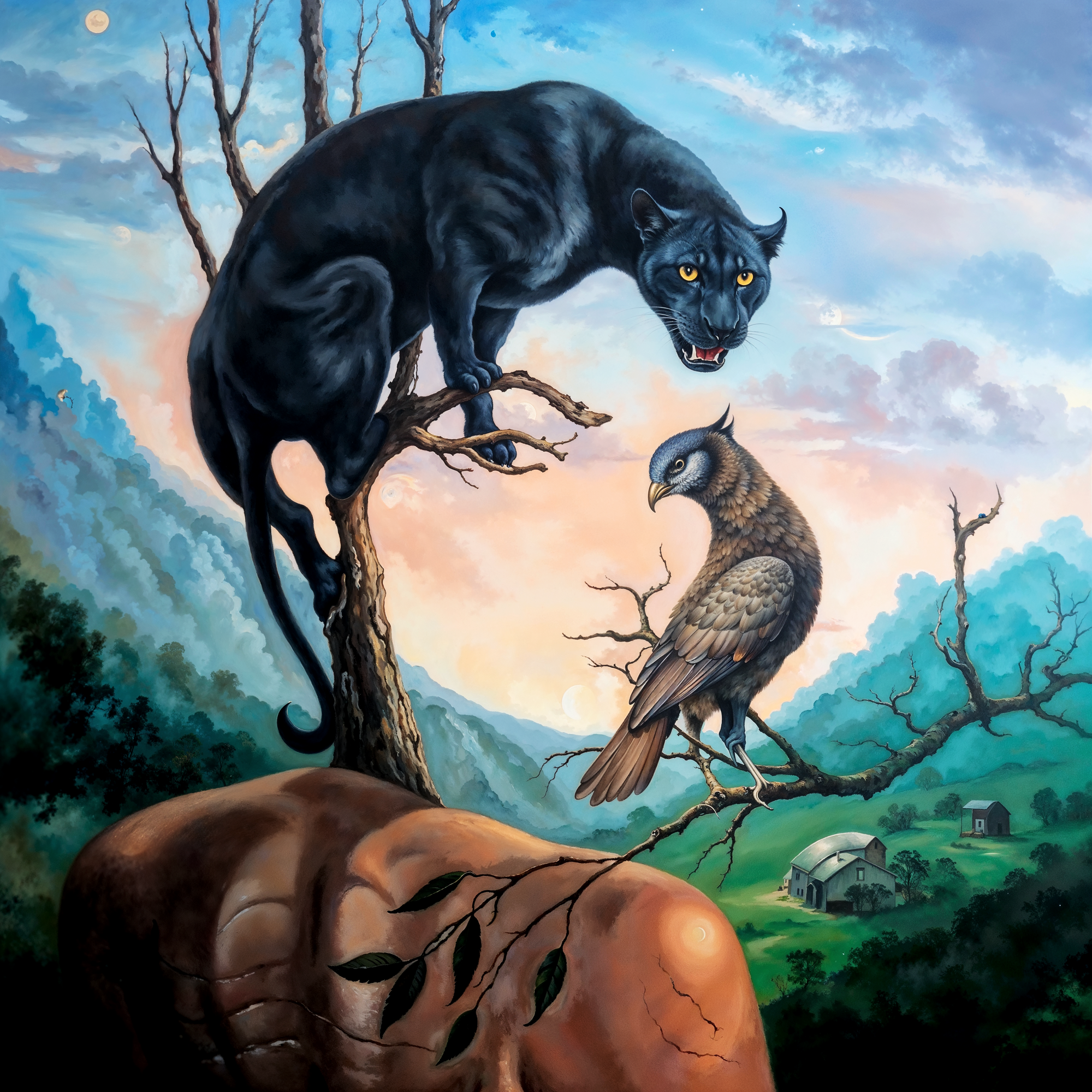 Оптическая иллюзия с черной пантерой и птицей, создающими лицо на фоне деревни и гор