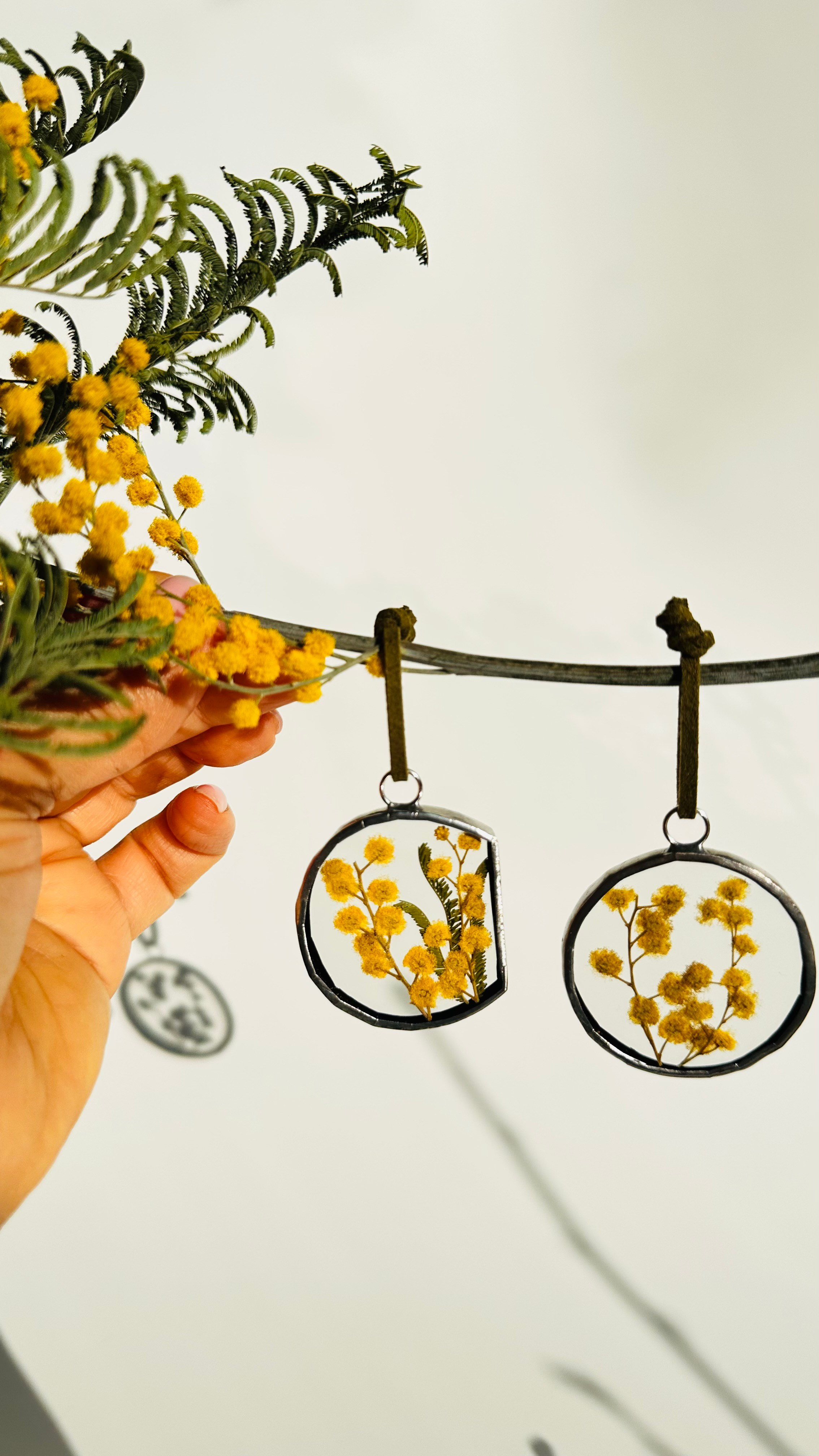 Декор для интерьера (комплект украшений для дома) подвески-игрушки с мимозой в технике тиффани. Гербарий в стекле, интерьерные панно, витражи с сухоцветами в технике тиффани